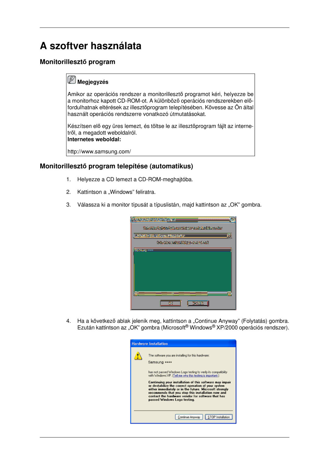 Samsung LH46MSTLBB/EN manual Monitorillesztő program telepítése automatikus, Internetes weboldal 