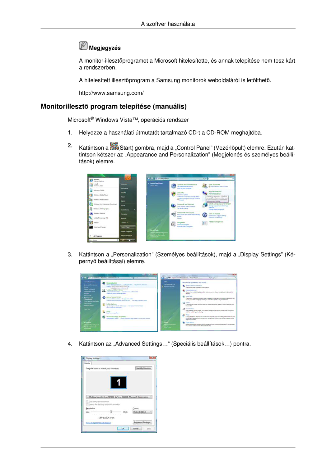 Samsung LH46MSTLBB/EN manual Monitorillesztő program telepítése manuális 