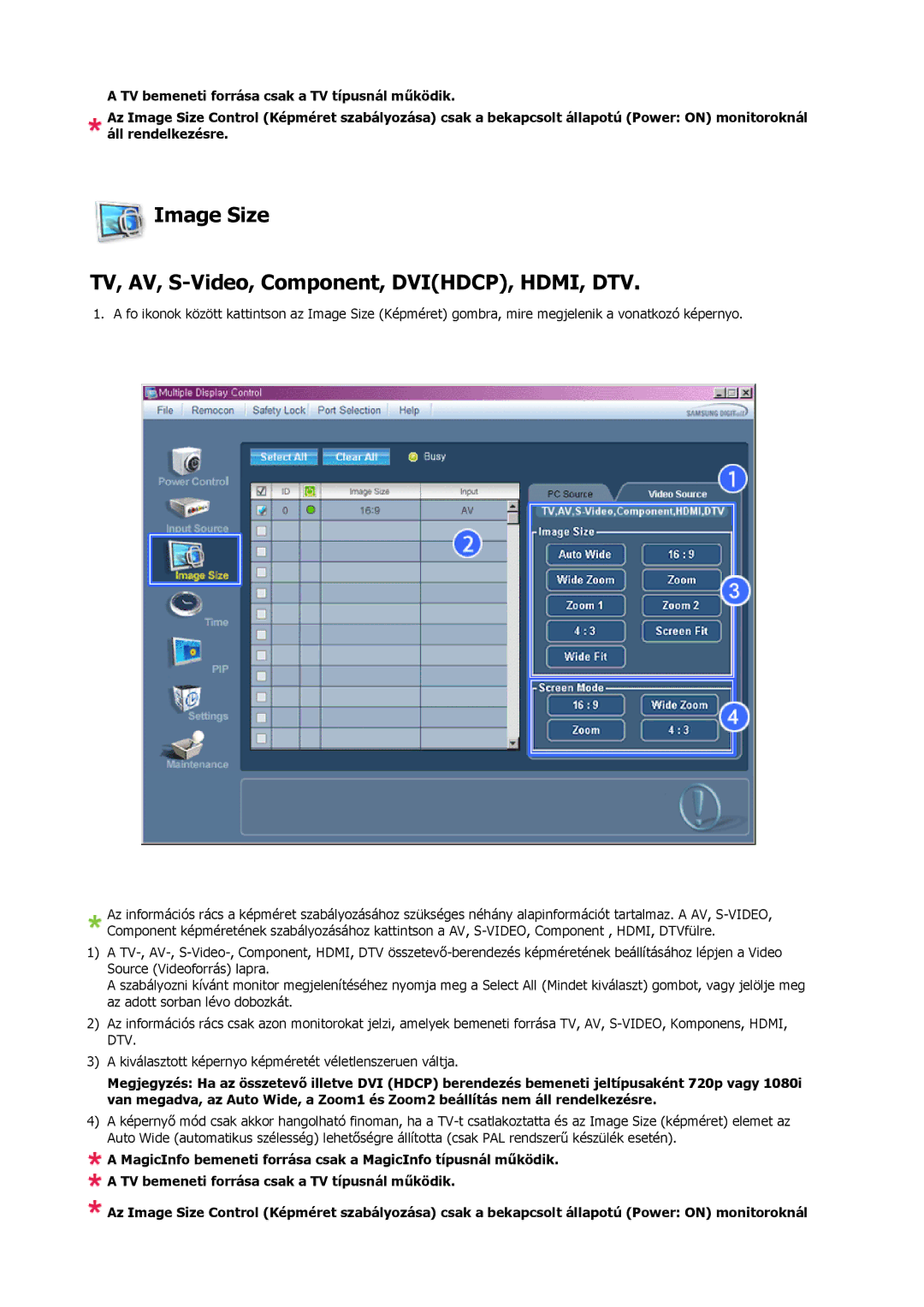 Samsung LH46MSTLBB/EN manual Image Size TV, AV, S-Video, Component, DVIHDCP, HDMI, DTV 