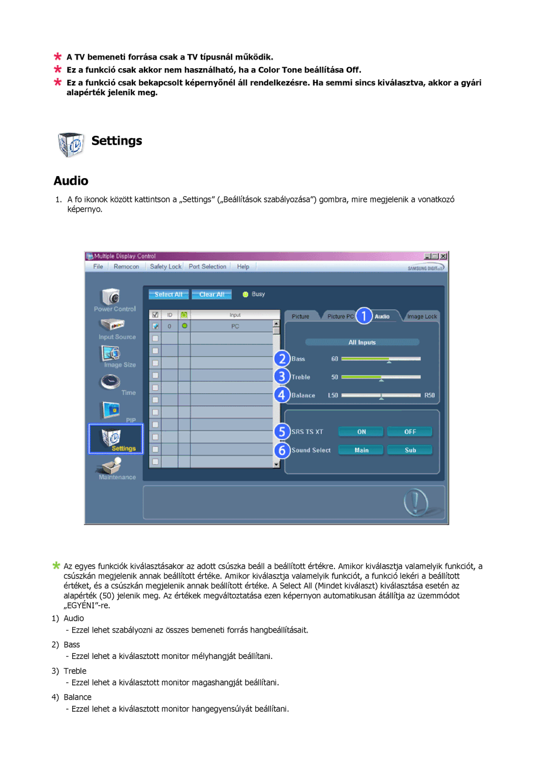 Samsung LH46MSTLBB/EN manual Settings Audio 