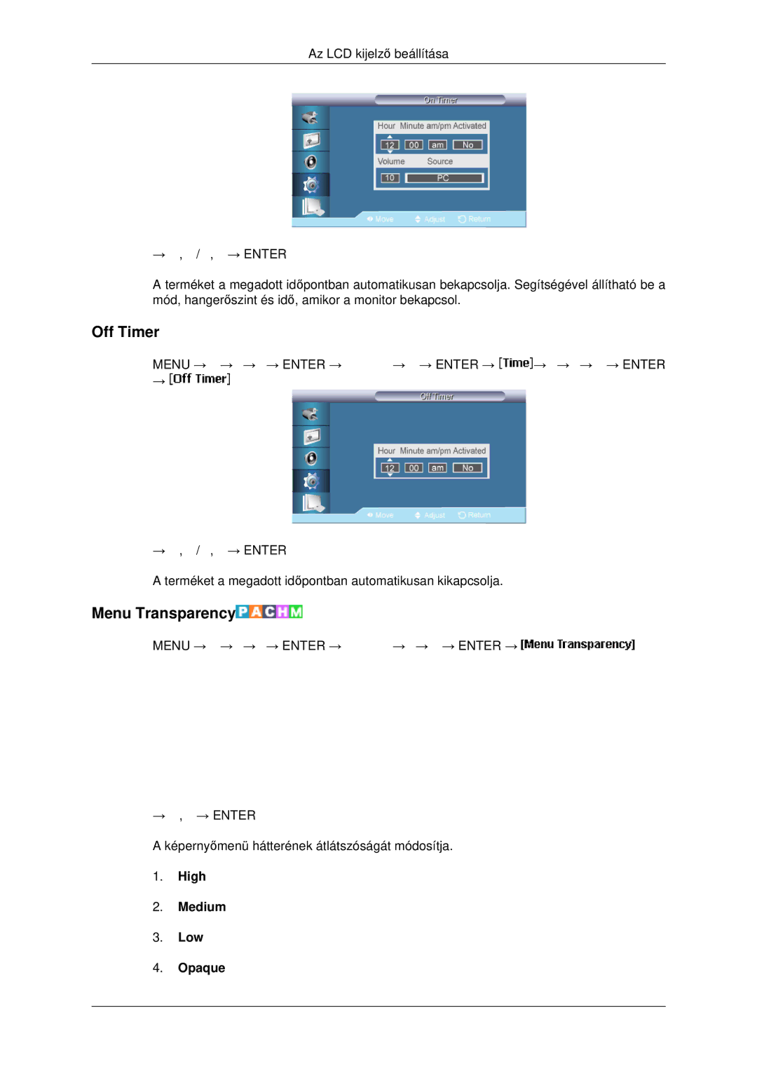 Samsung LH46MSTLBB/EN manual Off Timer, Menu Transparency, High Medium Low Opaque 