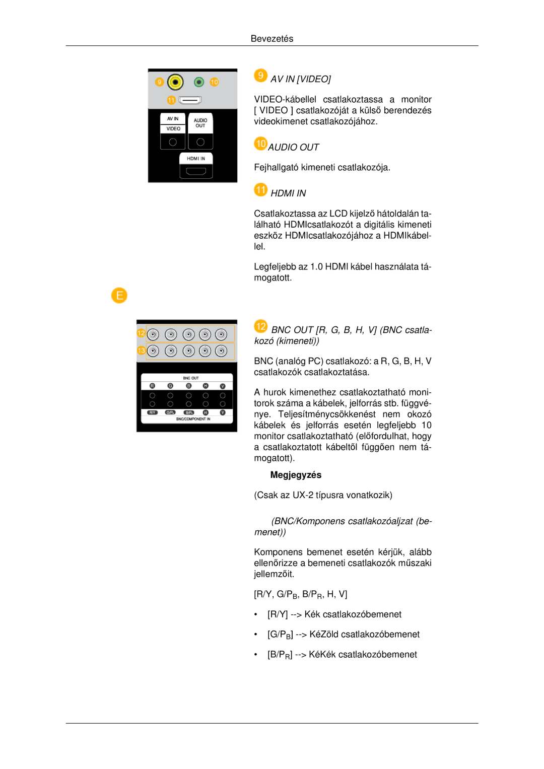 Samsung LH46MSTLBB/EN manual BNC OUT R, G, B, H, V BNC csatla- kozó kimeneti, BNC/Komponens csatlakozóaljzat be- menet 