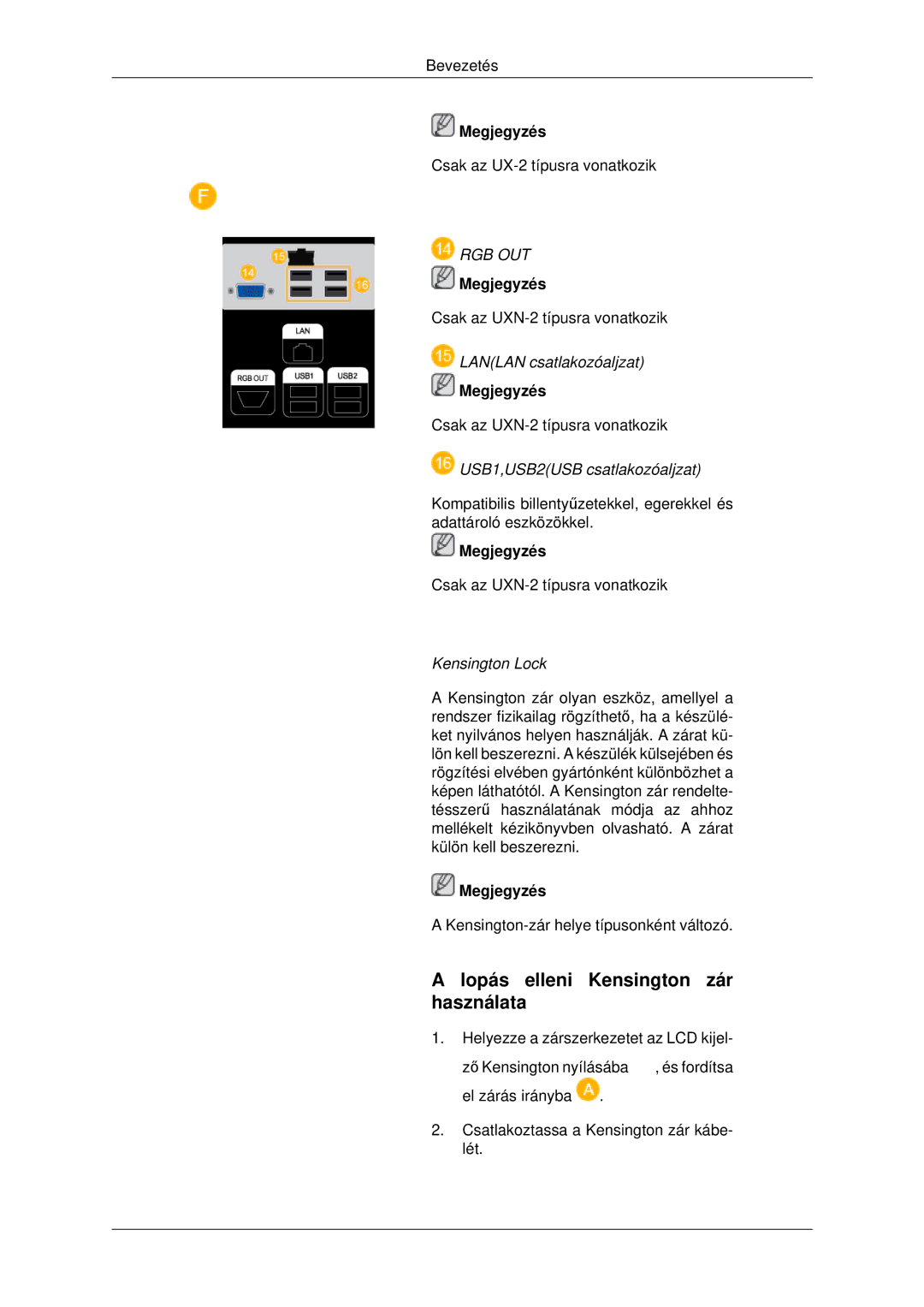 Samsung LH46MSTLBB/EN manual Lopás elleni Kensington zár használata, Lanlan csatlakozóaljzat, USB1,USB2USB csatlakozóaljzat 