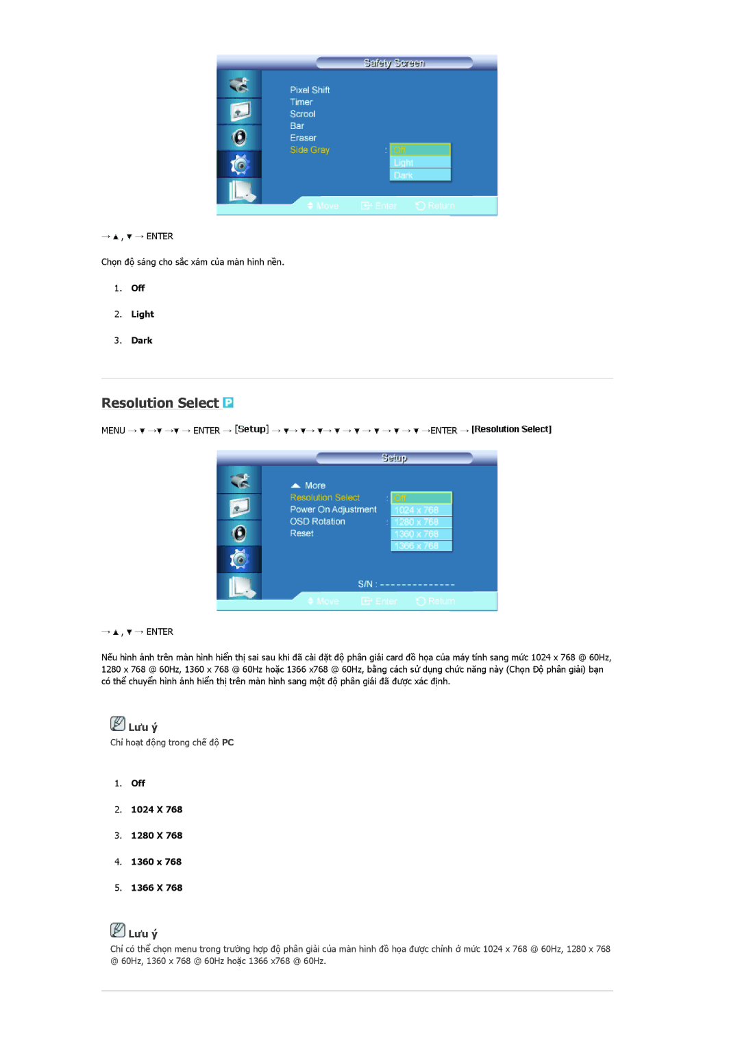 Samsung LH40MRTLBC/XY, LH46MSTLBB/XY manual Resolution Select, Off Light Dark, Menu → → → → Enter → → → → → → → → → →ENTER → 