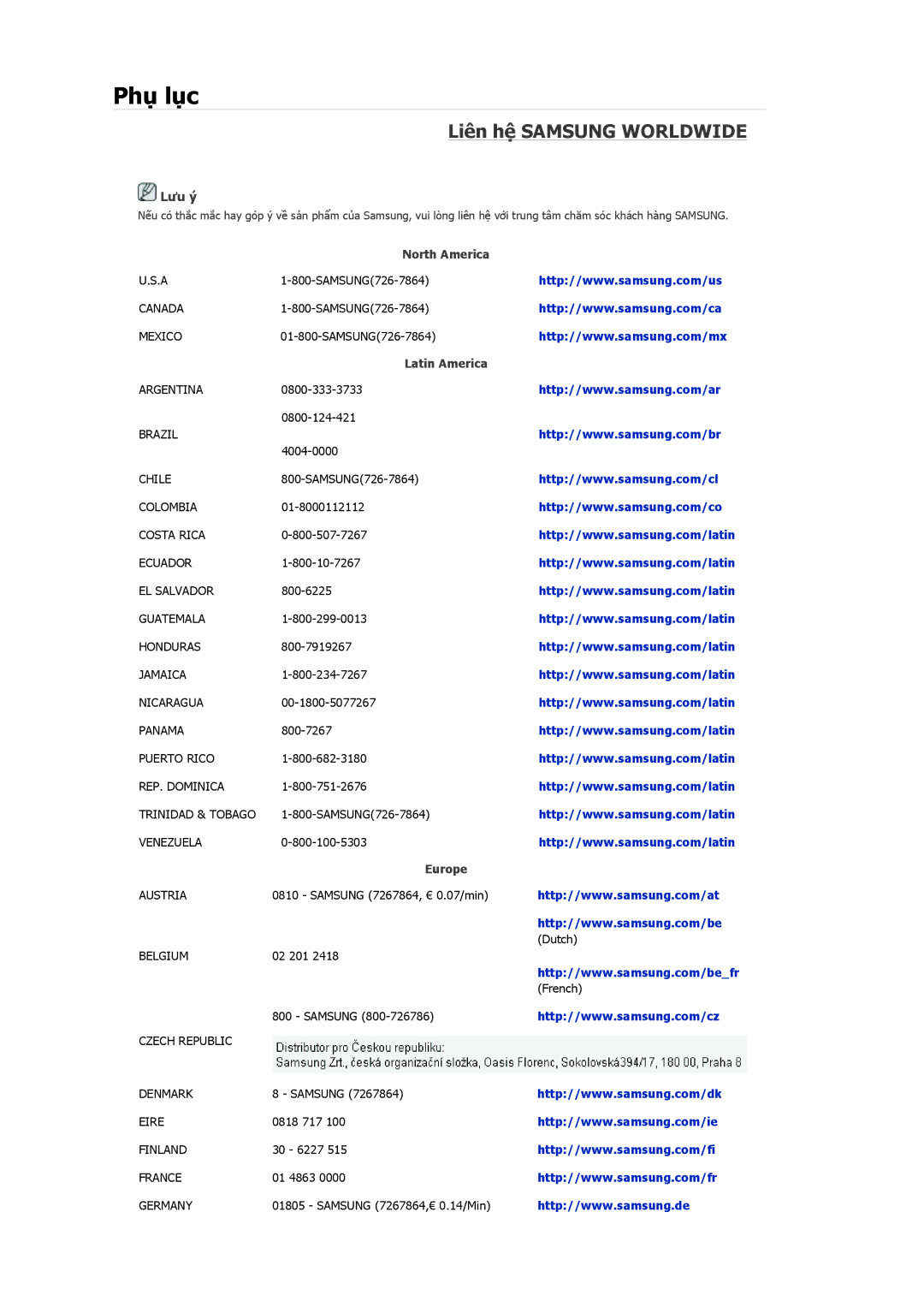 Samsung LH46MRTLBC/ZA, LH46MSTLBB/XY, LH40MRTLBC/XY manual Liên hệ Samsung Worldwide, North America, Latin America, Europe 