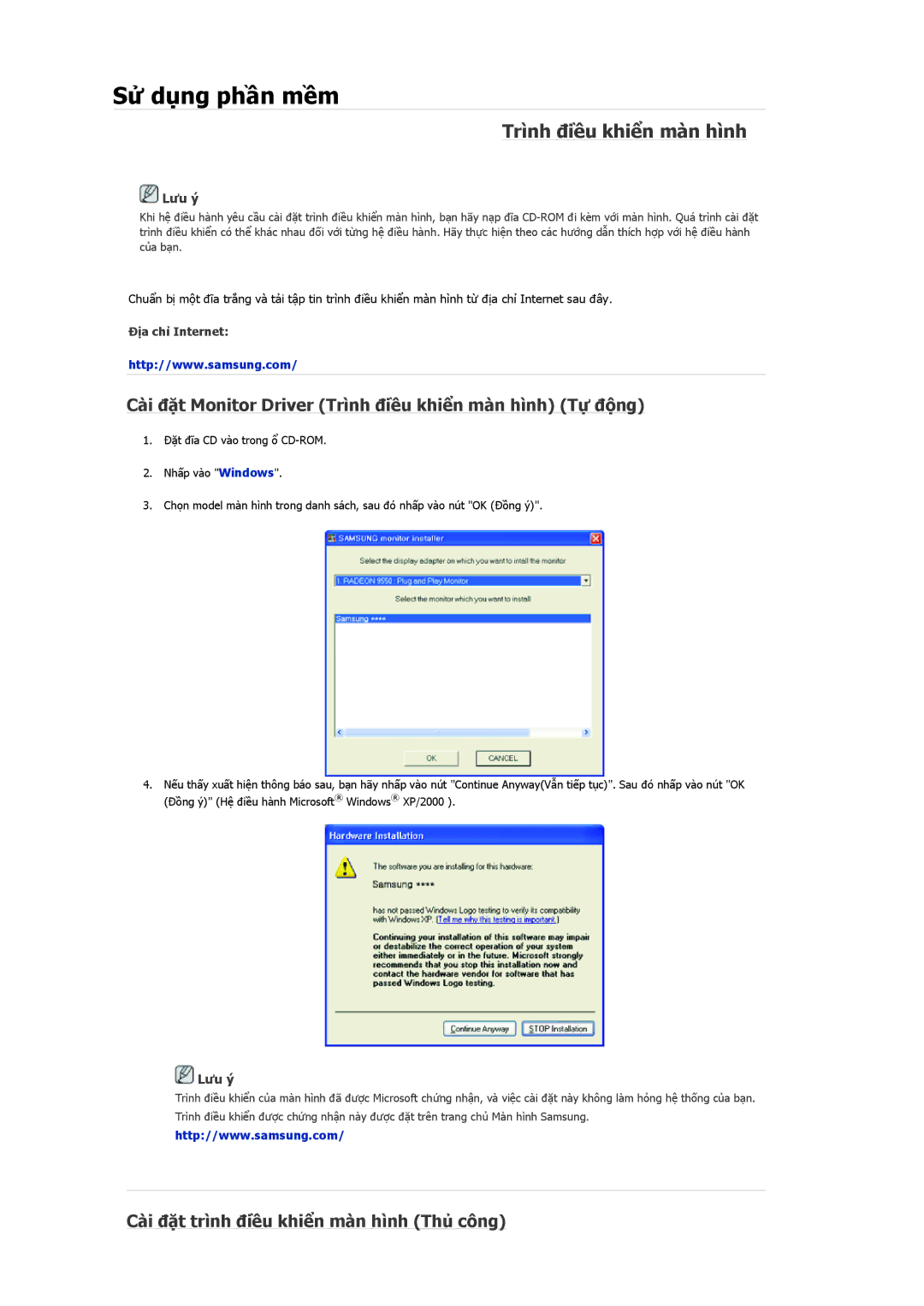 Samsung LH40MRTLBC/XY, LH46MSTLBB/XY manual Cài đặt Monitor Driver Trình điều khiển màn hình Tự động, Địa chỉ Internet 