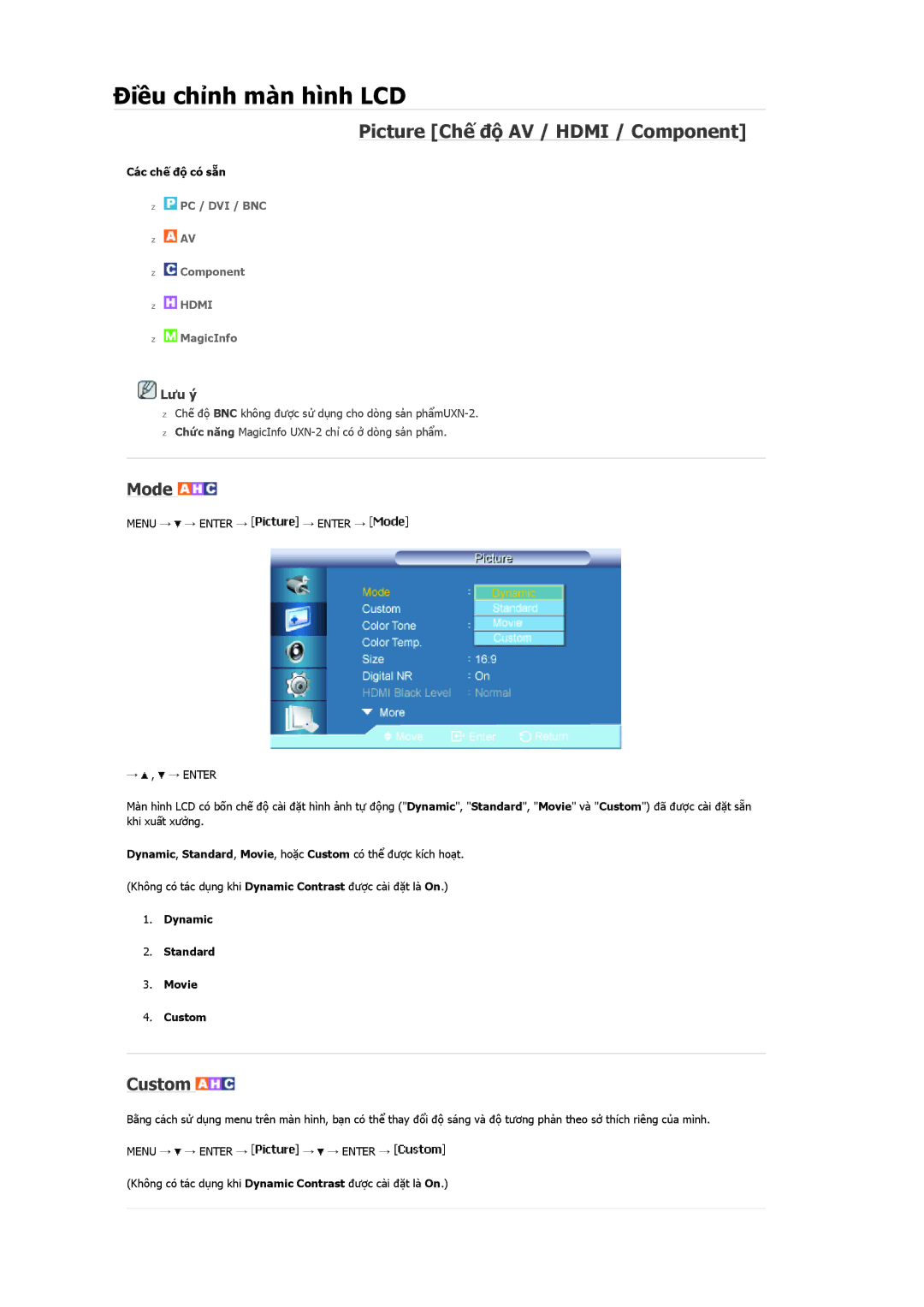 Samsung LH40MRPLBF/XY, LH46MSTLBB/XY manual Picture Chế độ AV / Hdmi / Component, Mode, Dynamic Standard Movie Custom 