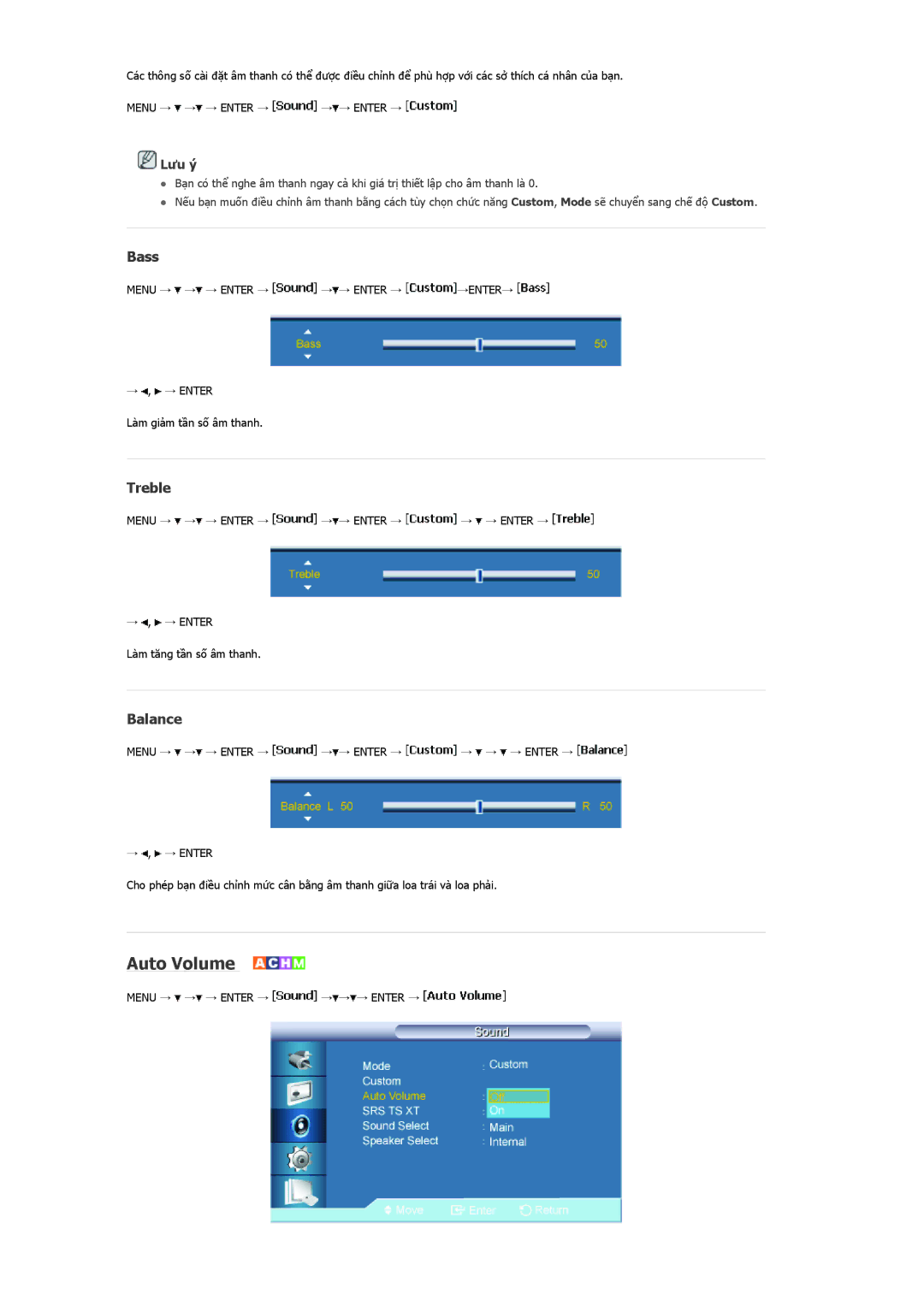 Samsung LH46MRTLBC/ZA, LH46MSTLBB/XY manual Auto Volume, Bass, Treble, Balance, Menu → → → Enter → → → Enter → → → → Enter → 