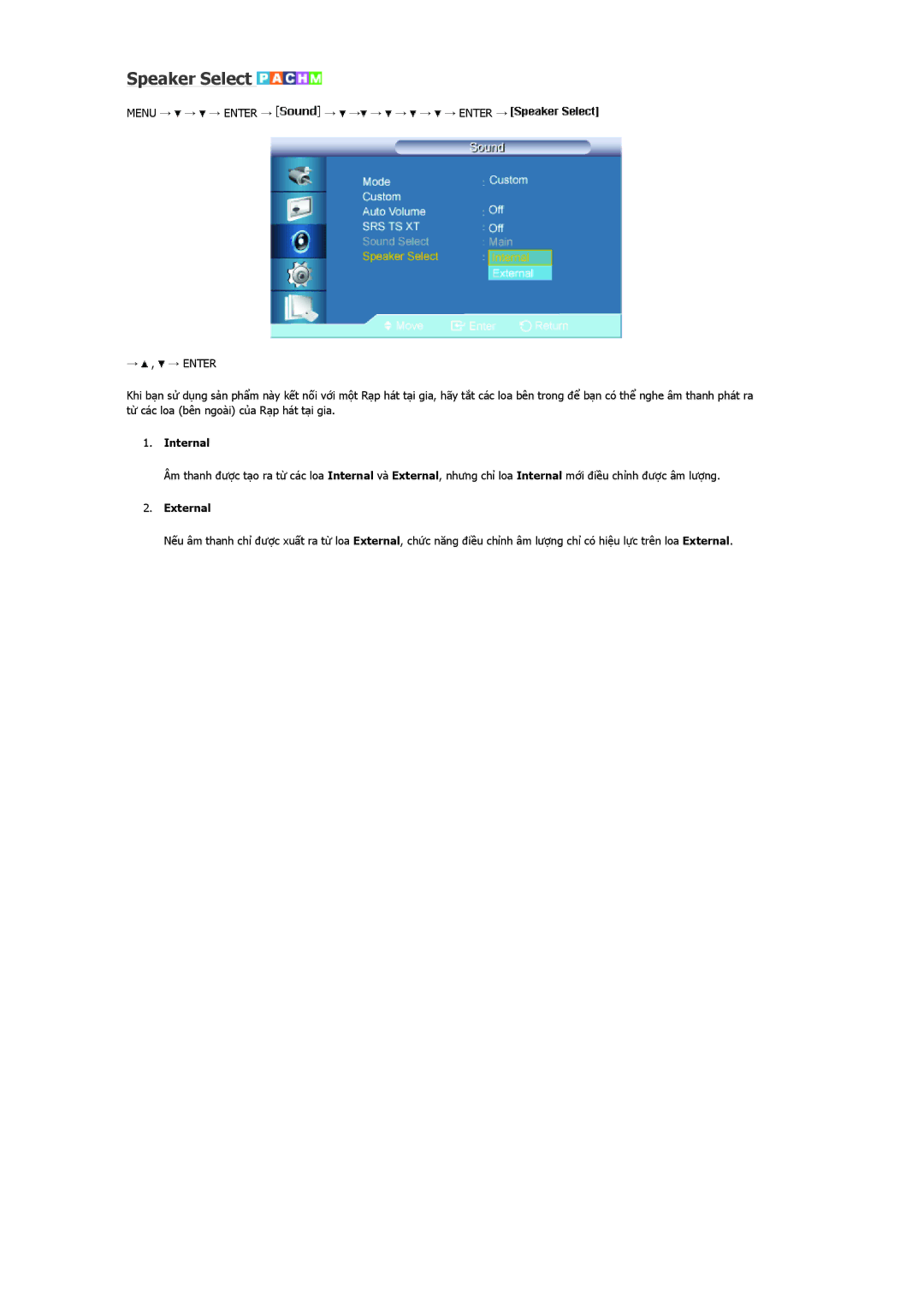 Samsung LH40MRTLBC/XY, LH46MSTLBB/XY manual Speaker Select, Menu → → → Enter → → → → → → → Enter →, Internal, External 