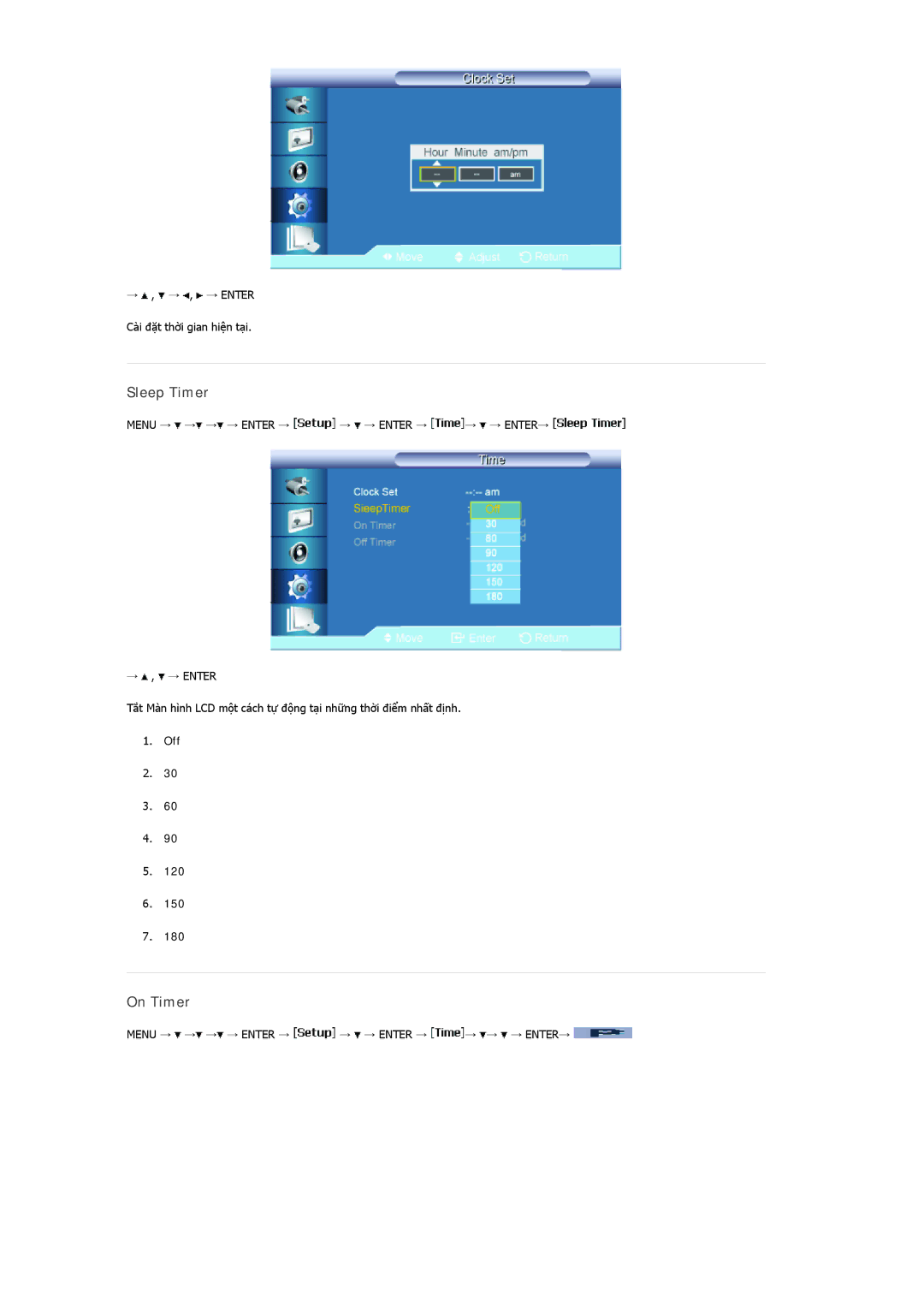 Samsung LH40MRPLBF/XY, LH46MSTLBB/XY, LH40MRTLBC/XY manual Sleep Timer, On Timer, Menu → → → → Enter → → → Enter → → → ENTER→ 