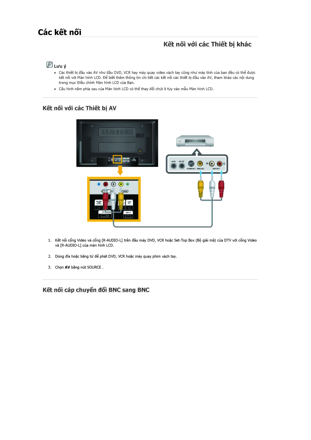 Samsung LH46MRTLBC/XY Kết nối với các Thiết bị khác, Kết nối với các Thiết bị AV, Kết nối cáp chuyển đổi BNC sang BNC 