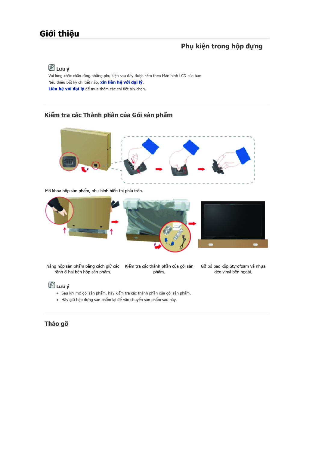 Samsung LH46MRPLBF/XY, LH46MSTLBB/XY manual Phụ kiện trong hộp đựng, Kiểm tra các Thành phần của Gói sản phẩm, Tháo gỡ 