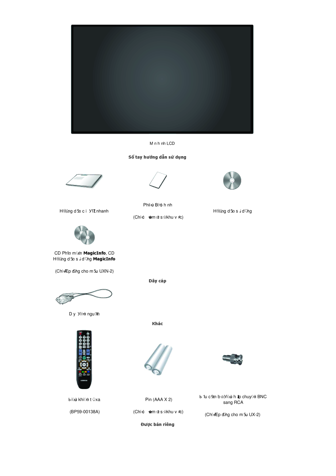 Samsung LH40MRPLBF/XY, LH46MSTLBB/XY, LH40MRTLBC/XY, LH46MRPLBF/XY, LH46MRTLBC/XY, LH46MRTLBC/ZA manual Dây cáp 