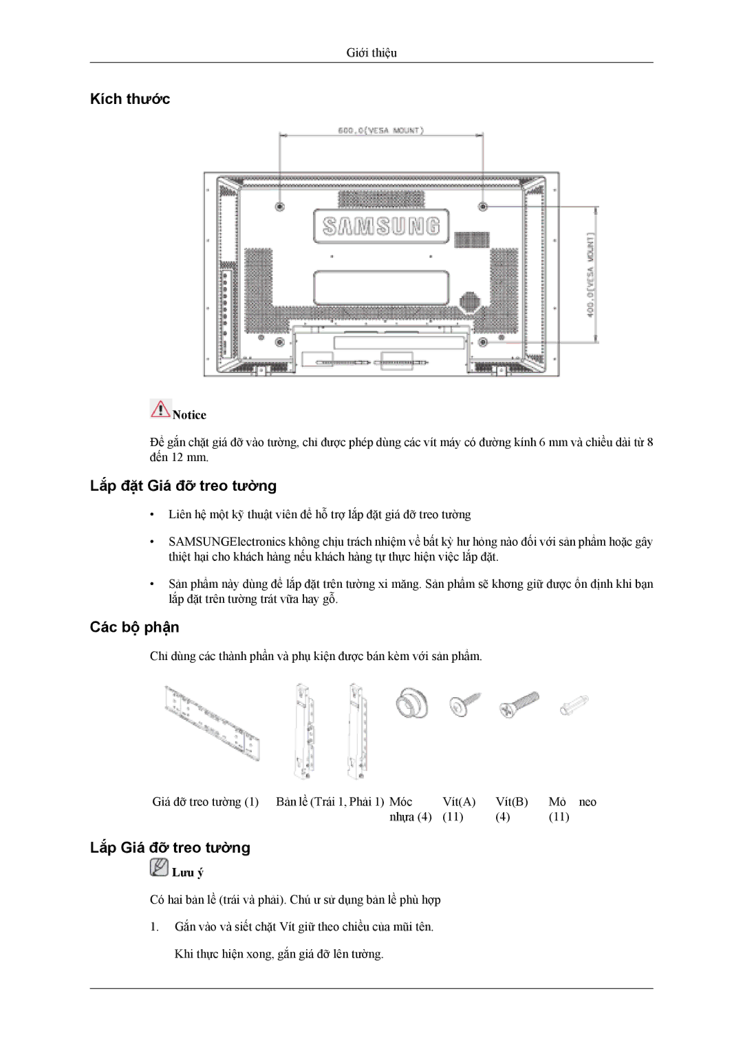 Samsung LH40MSTLBM/XV, LH46MSTLBB/XY manual Kích thước, Lắp đặt Giá đỡ treo tường, Các bộ phận, Lắp Giá đỡ treo tường 