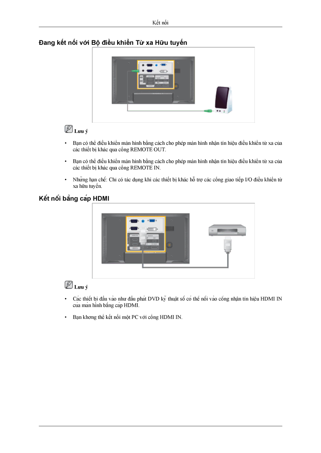 Samsung LH46MSTLBB/XY, LH40MSTLBM/XV manual Đang kết nối với Bộ điều khiển Từ xa Hữu tuyến, Kết nối bằng cáp Hdmi 