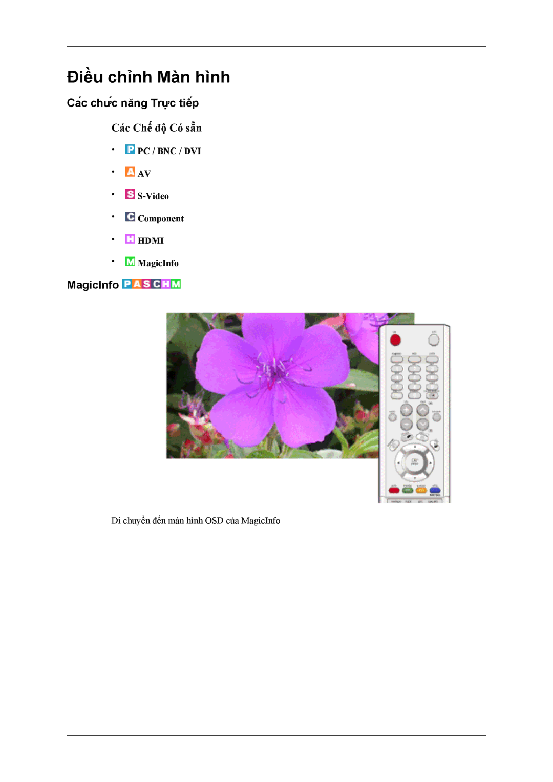Samsung LH46MSTLBB/XY, LH40MSTLBM/XV manual Các chức năng Trực tiếp, MagicInfo, PC / BNC / DVI Video Component 