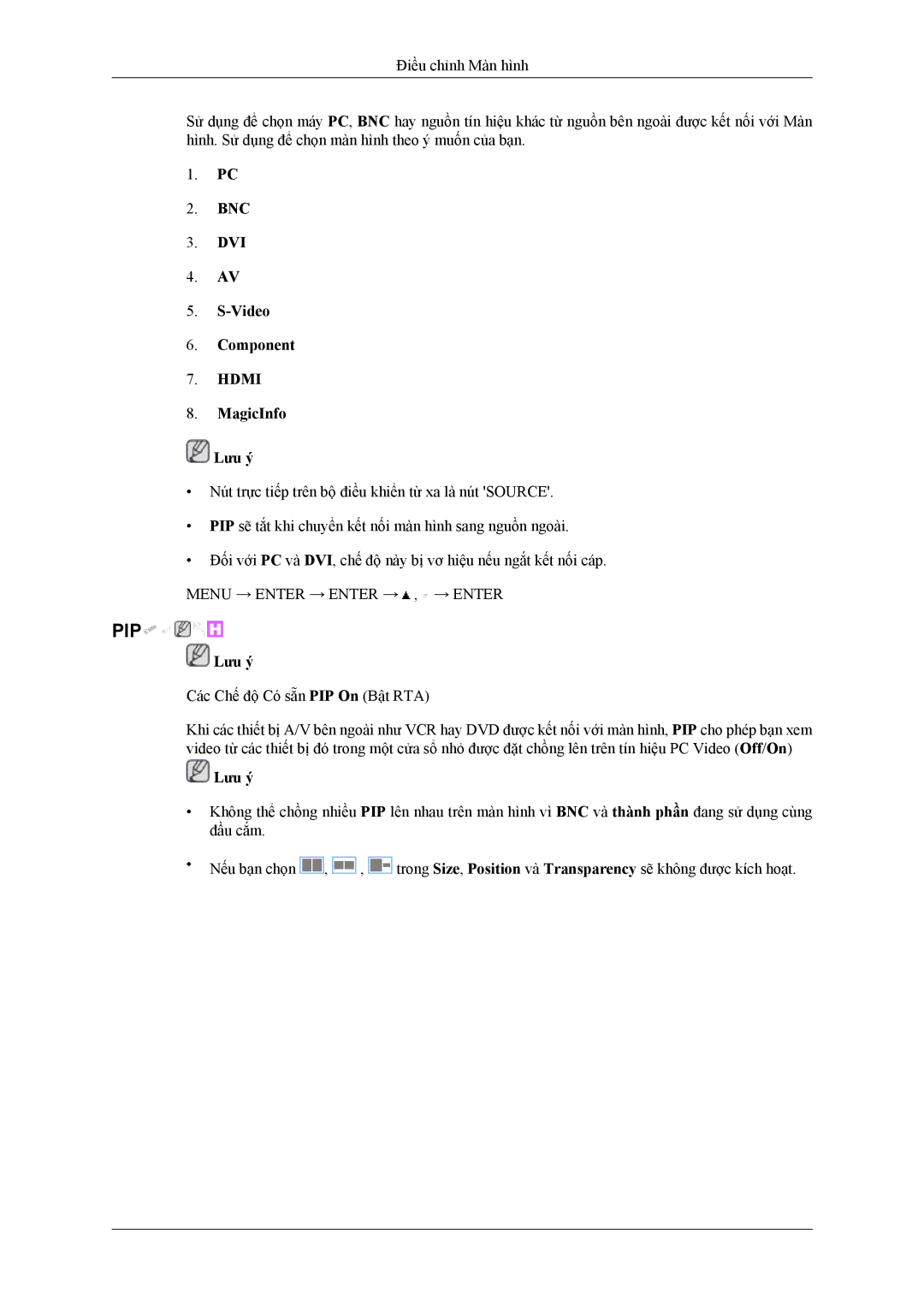 Samsung LH40MSTLBM/XV, LH46MSTLBB/XY manual BNC DVI Video Component, MagicInfo Lưu ý 