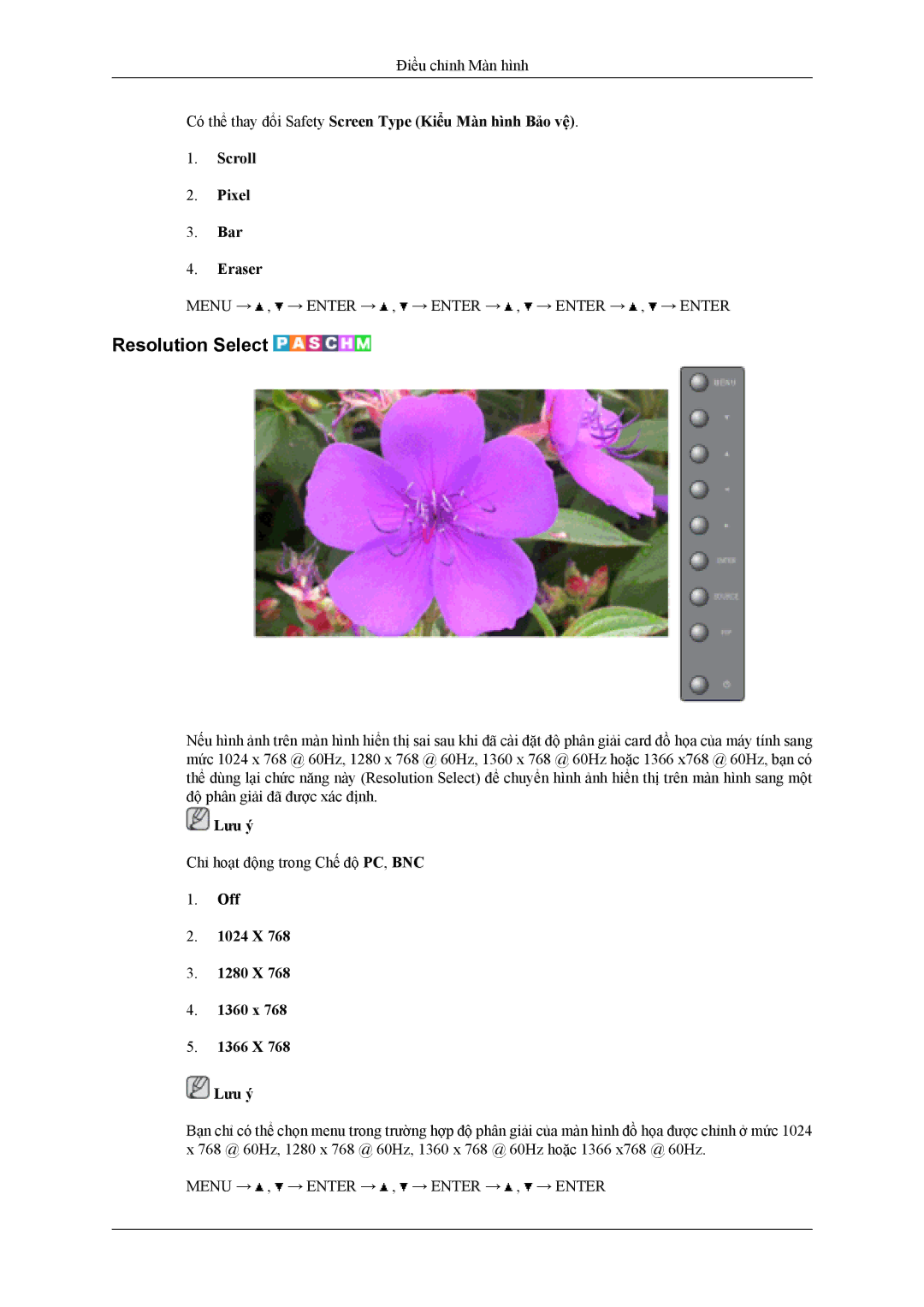 Samsung LH40MSTLBM/XV, LH46MSTLBB/XY manual Resolution Select, Off 1024 X 1280 X 1360 x 1366 X Lưu ý 