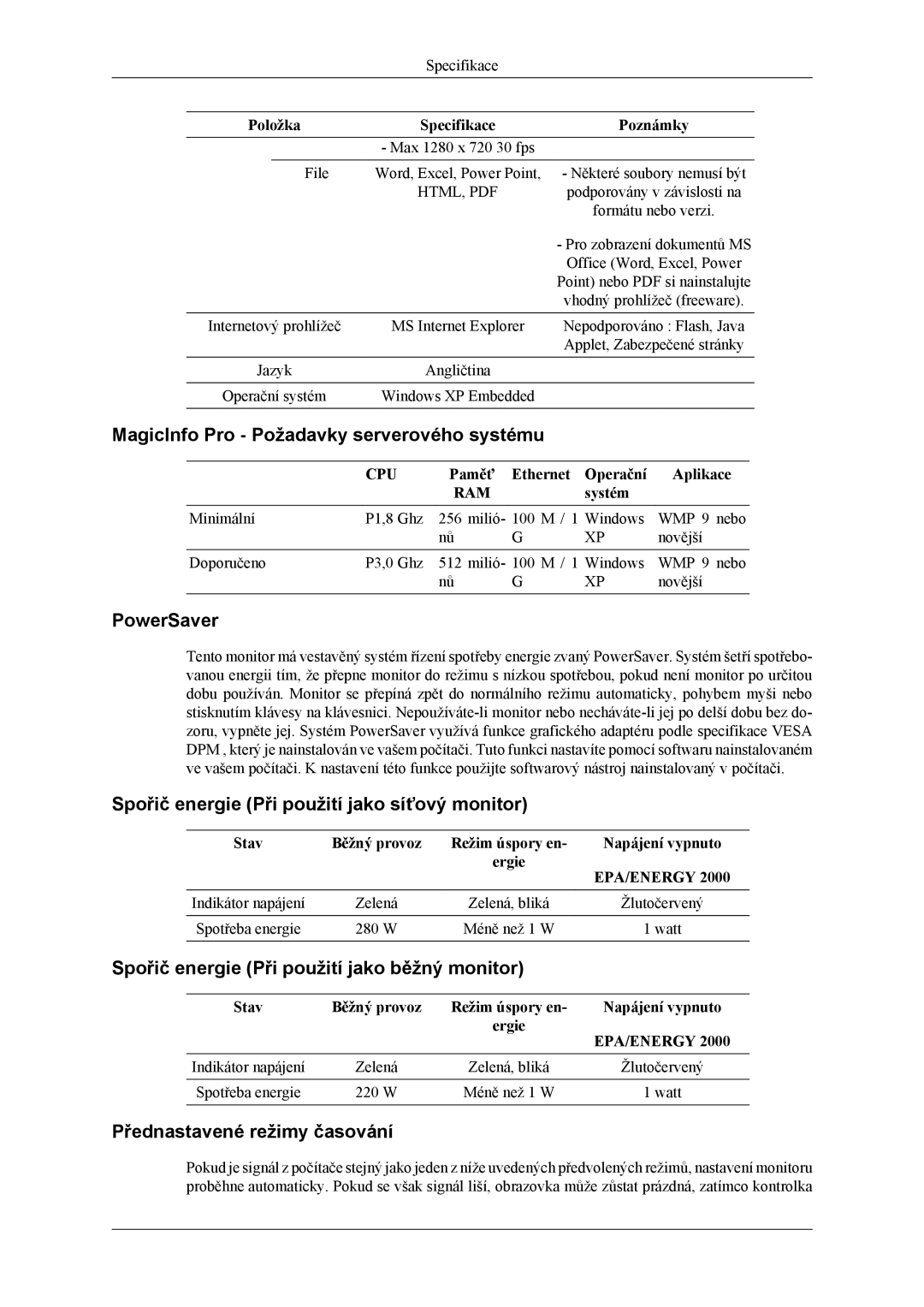 Samsung LH46MSTLBM/EN manual MagicInfo Pro Požadavky serverového systému, PowerSaver, Přednastavené režimy časování 