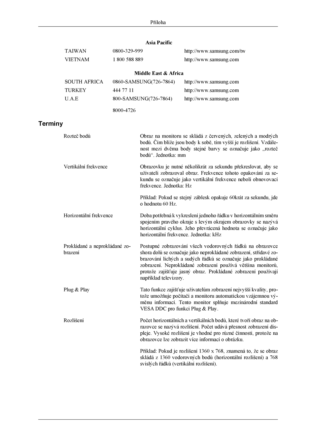 Samsung LH40MSTLBB/EN, LH46MSTLBM/EN, LH40MSTLBM/EN, LH46MSTLBB/EN, LH40MSPLBM/EN manual Termíny, Middle East & Africa 