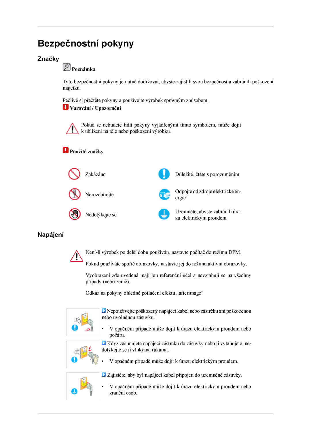 Samsung LH46MSTLBB/EN, LH46MSTLBM/EN, LH40MSTLBM/EN manual Značky, Napájení, Poznámka, Varování / Upozornění, Použité značky 