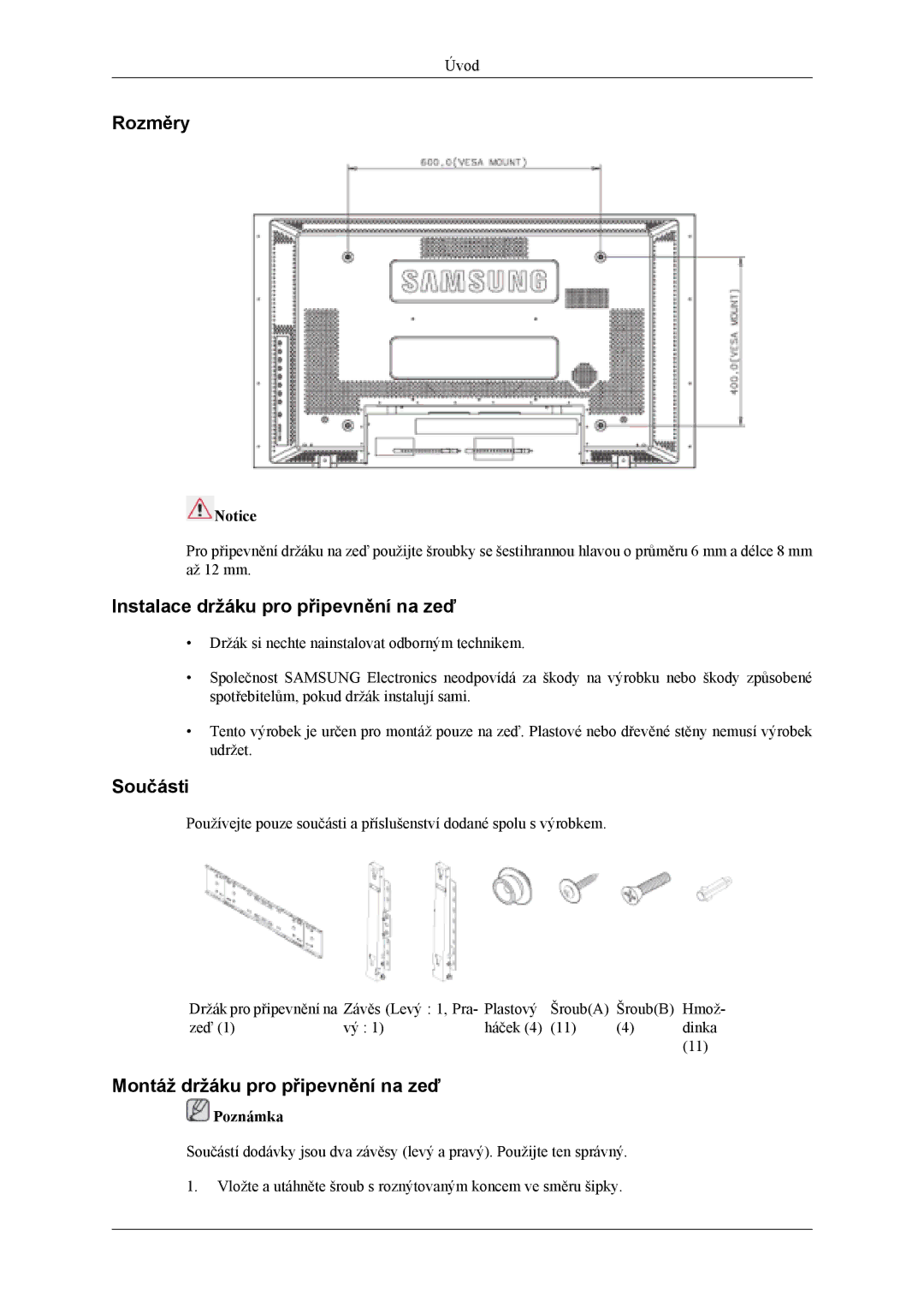 Samsung LH40MSTLBM/EN manual Rozměry, Instalace držáku pro připevnění na zeď, Součásti, Montáž držáku pro připevnění na zeď 