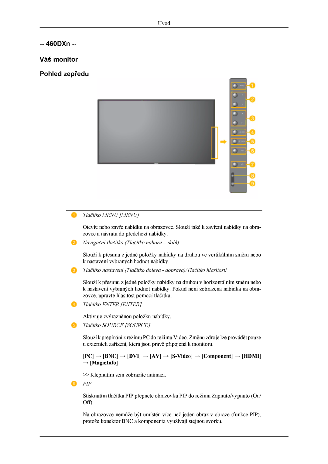 Samsung LH46MSTLBB/EN, LH46MSTLBM/EN, LH40MSTLBM/EN, LH40MSTLBB/EN manual 460DXn Váš monitor Pohled zepředu, → MagicInfo 