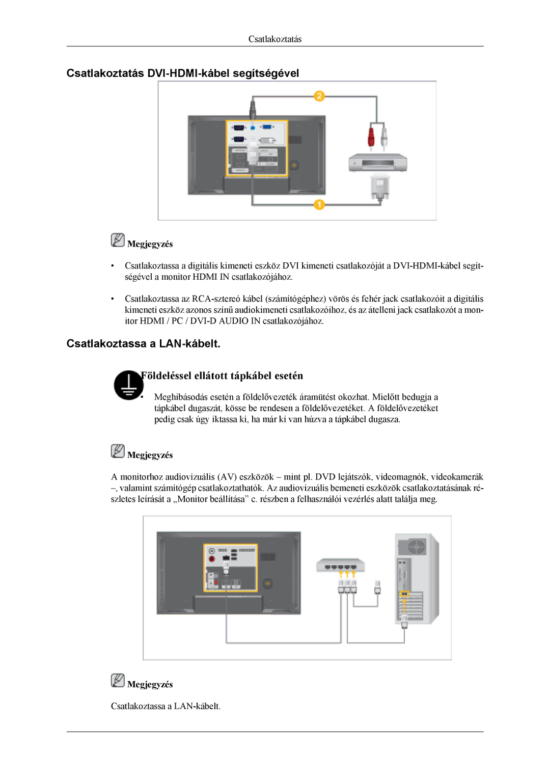 Samsung LH40MSTLBM/EN, LH46MSTLBM/EN, LH46MSTLBB/EN Csatlakoztatás DVI-HDMI-kábel segítségével, Csatlakoztassa a LAN-kábelt 