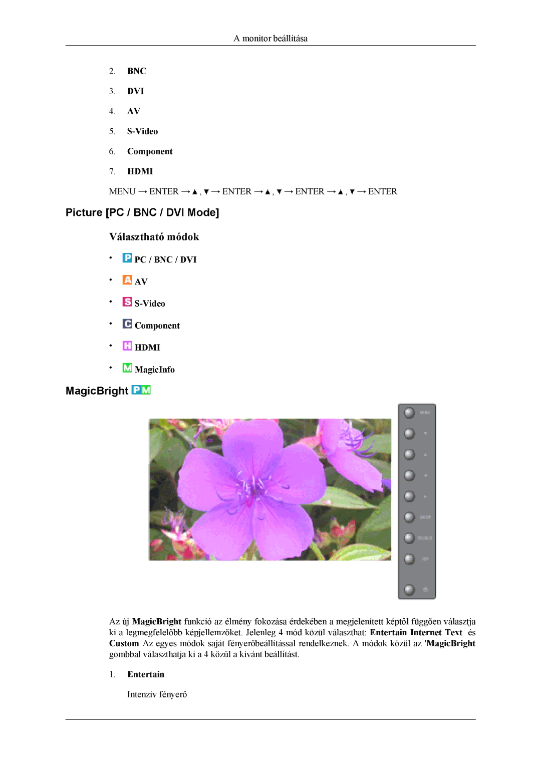 Samsung LH46MSTLBM/EN, LH40MSTLBM/EN, LH46MSTLBB/EN, LH40MSTLBB/EN manual Picture PC / BNC / DVI Mode, MagicBright, Entertain 