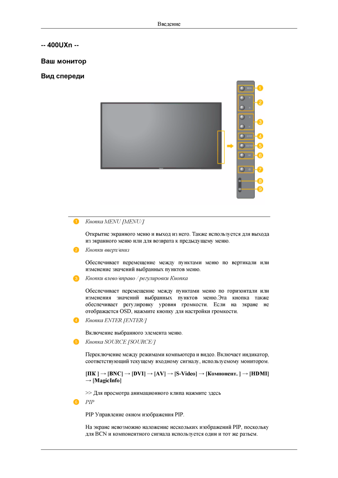 Samsung LH46MSTLBB/EN, LH46MSTLBM/EN, LH40MSTLBM/EN, LH40MSTLBB/EN manual 400UXn Ваш монитор Вид спереди, Кнопка Menu Menu 