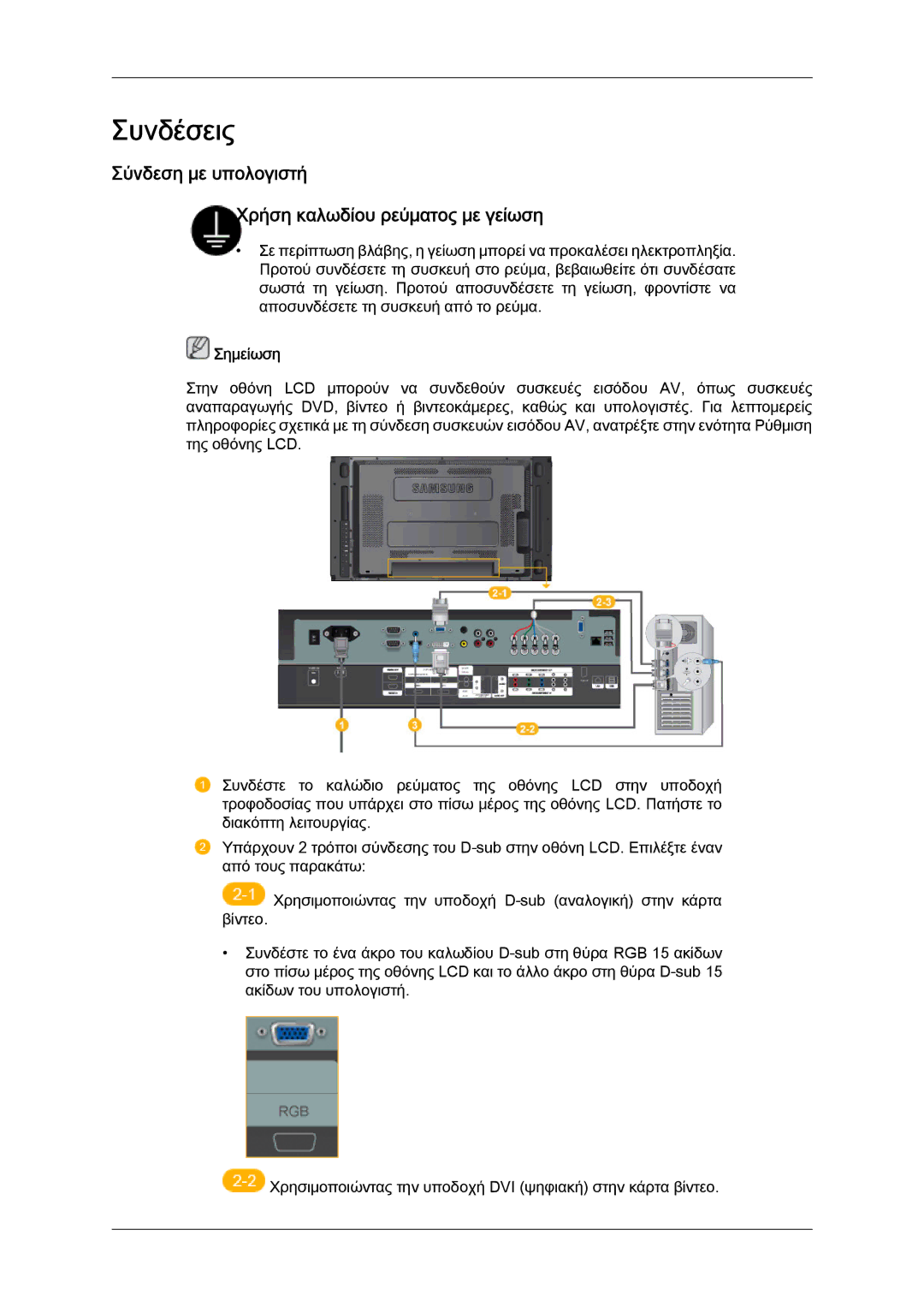 Samsung LH46MVTLBN/EN, LH46MVQLBB/EN, LH46MVPLBB/EN manual Συνδέσεις, Σύνδεση με υπολογιστή Χρήση καλωδίου ρεύματος με γείωση 