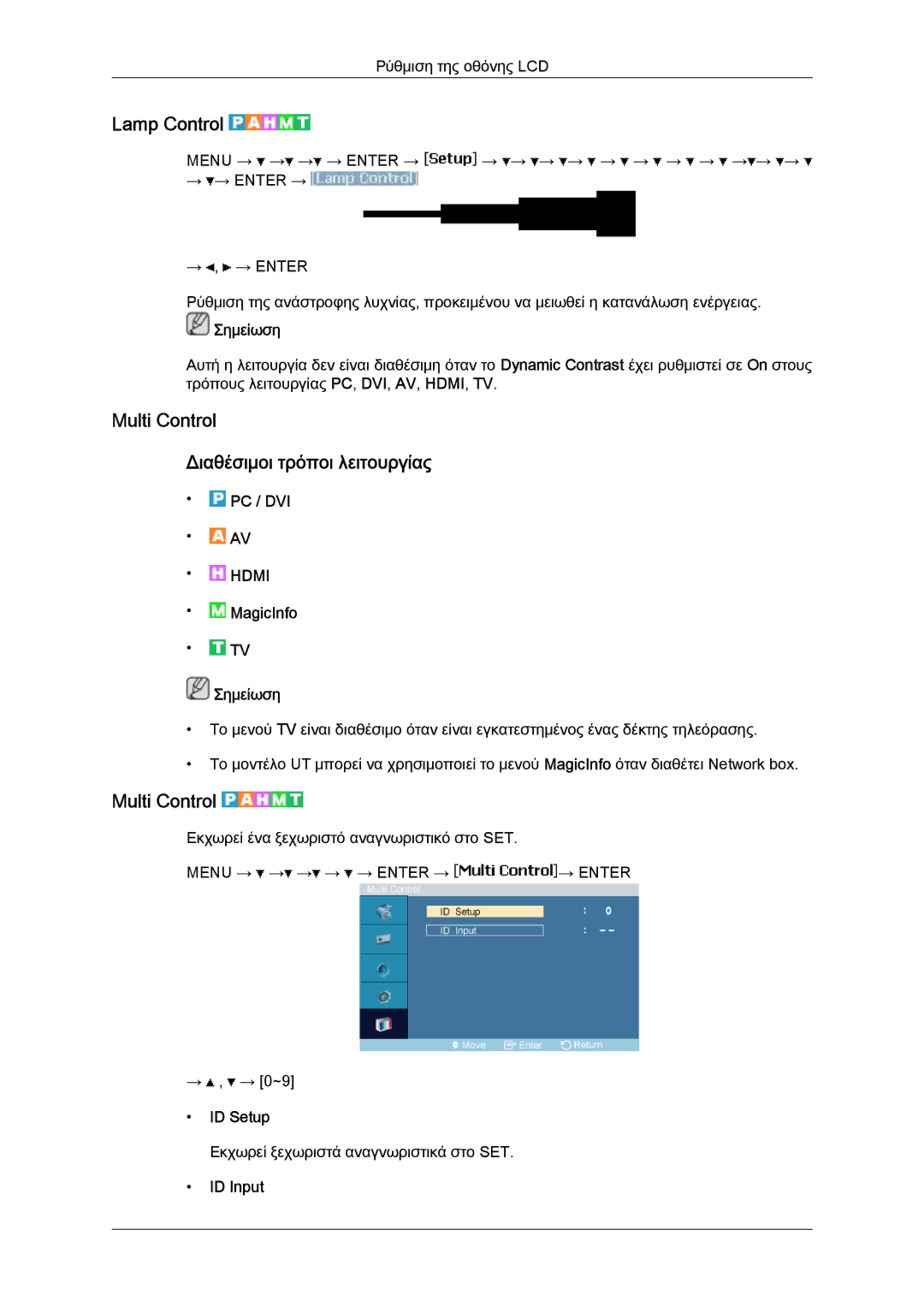 Samsung LH46MVTLBN/EN, LH46MVQLBB/EN manual Lamp Control, Multi Control Διαθέσιμοι τρόποι λειτουργίας, ID Setup, ID Input 