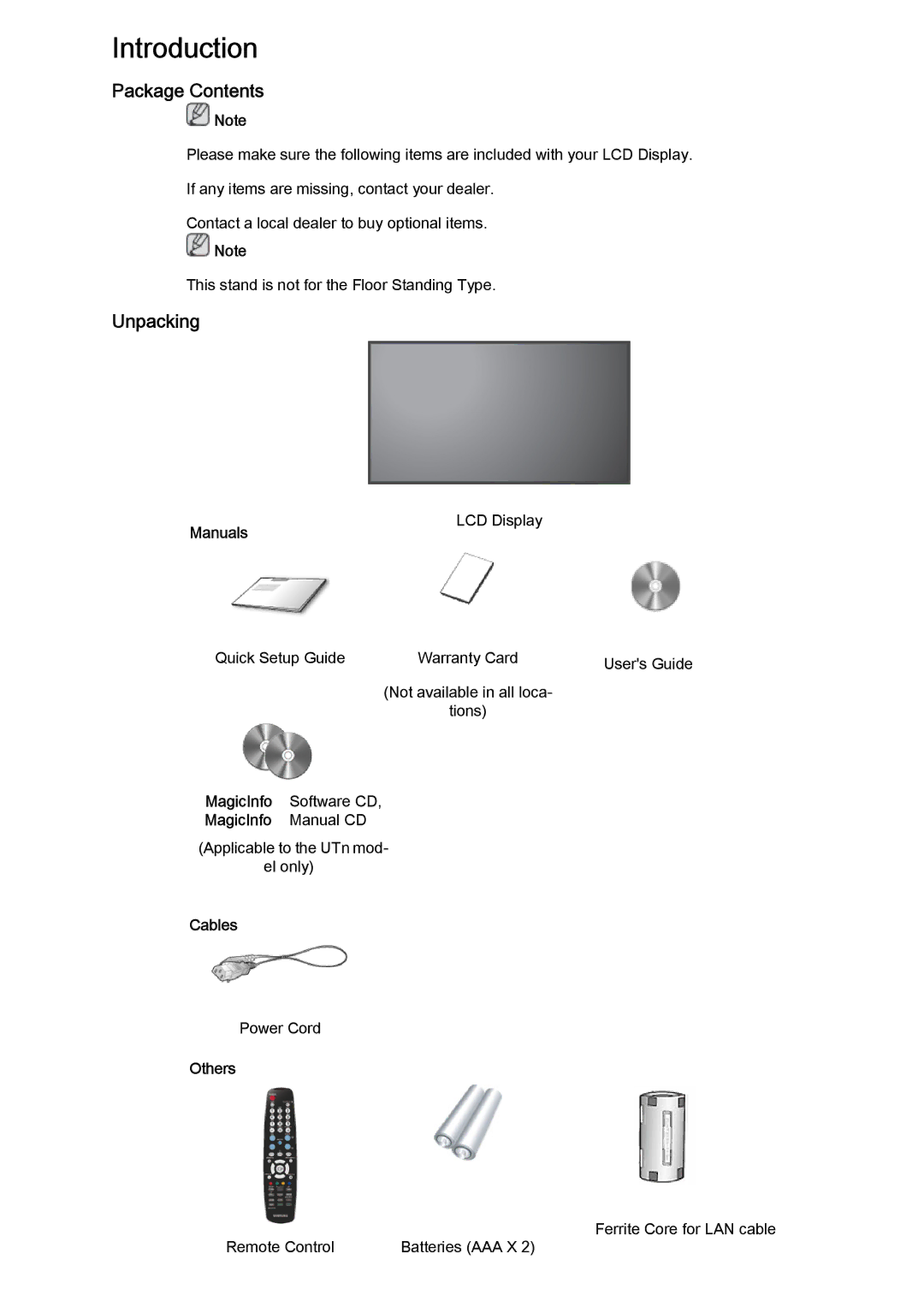 Samsung LH460UTN-UD, LH46MVTLBN/EN, LH46MVQLBB/EN, LH46MVULBB/EN, LH46MVPLBB/EN, LH46MVTLBB/EN Package Contents, Unpacking 