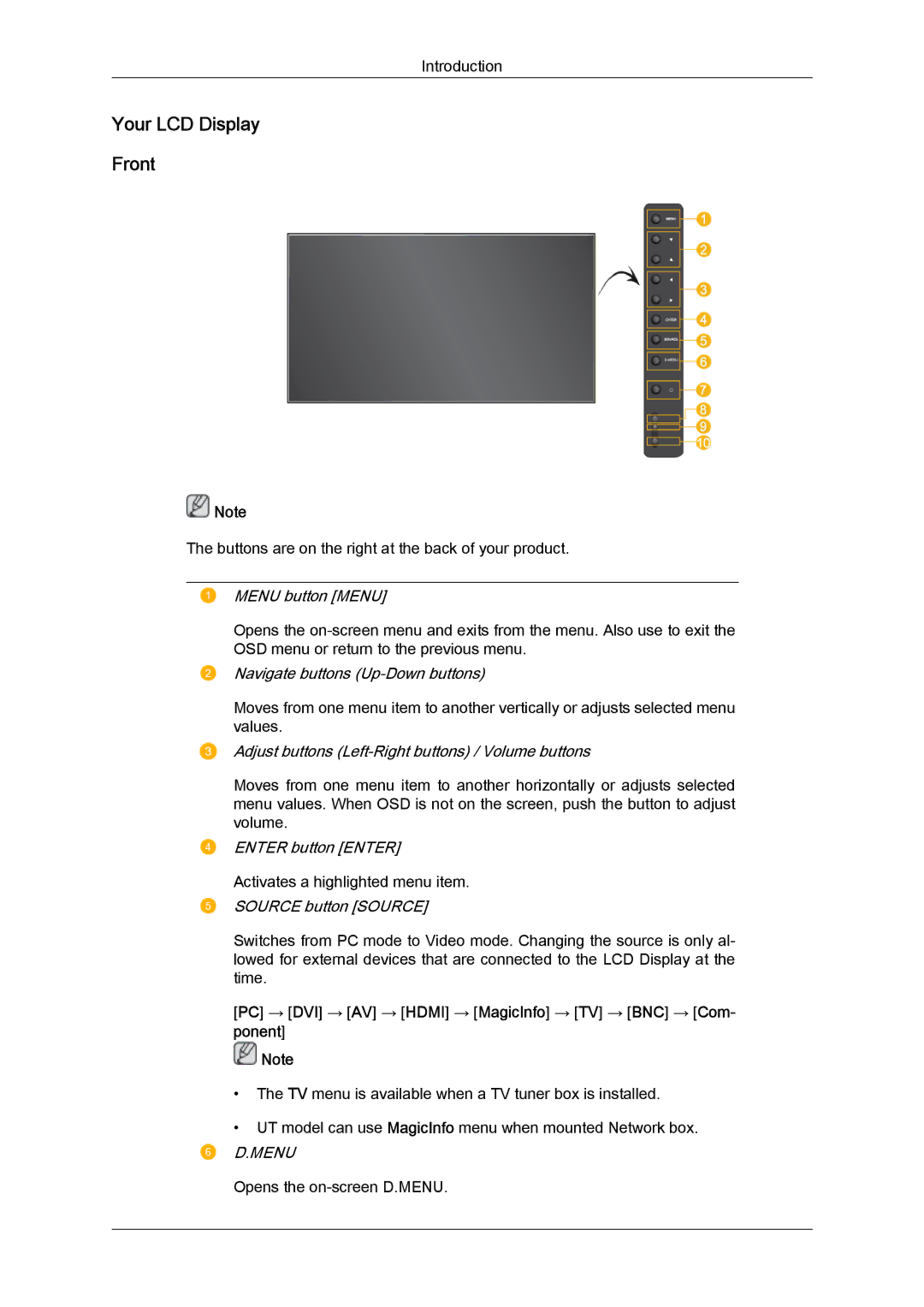 Samsung LH46MVQLBB/EN, LH46MVTLBN/EN manual Your LCD Display Front, PC → DVI → AV → Hdmi → MagicInfo → TV → BNC → Com Ponent 