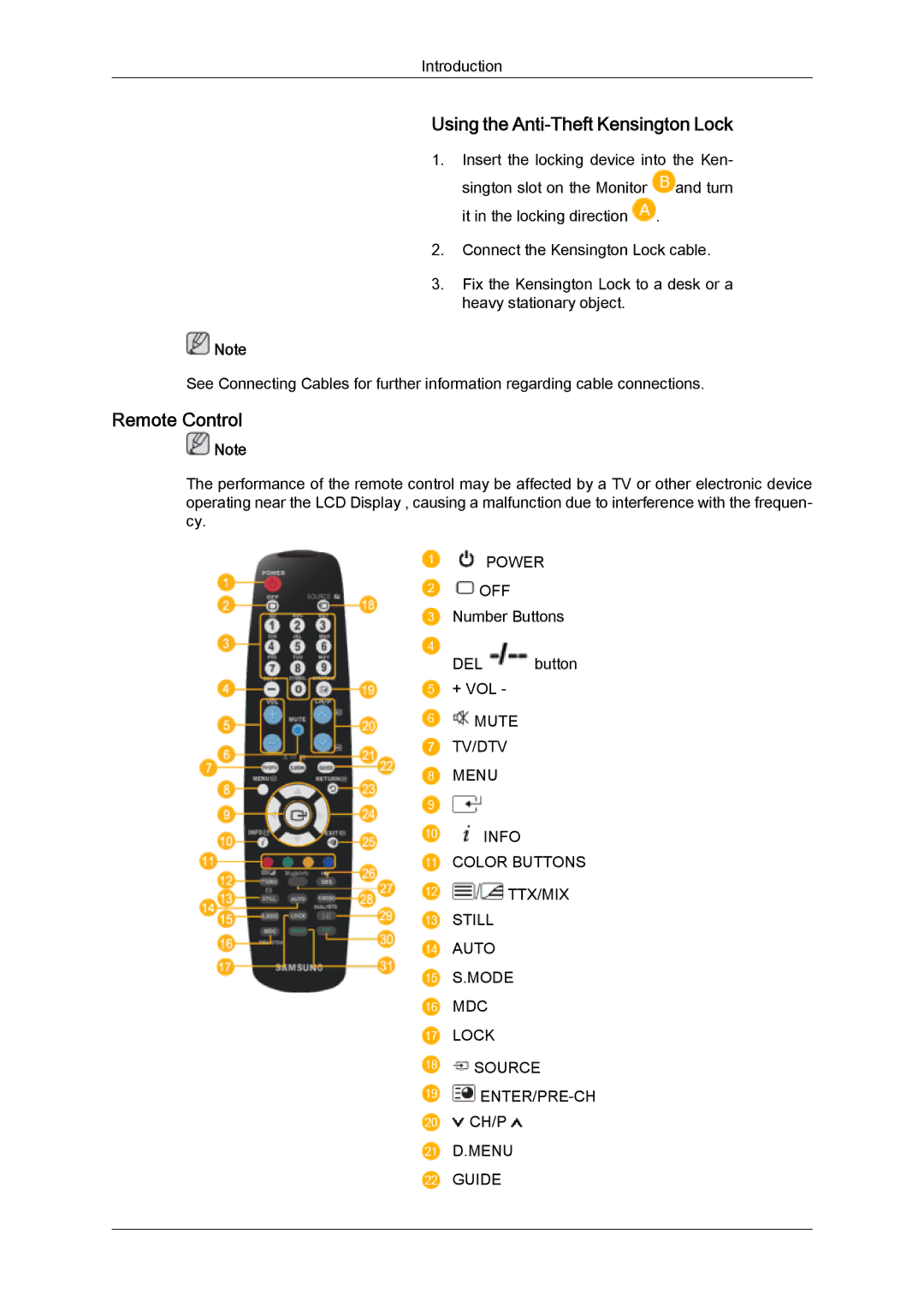 Samsung LH46MVTLBN/XY, LH46MVTLBN/EN, LH46MVQLBB/EN, LH46MVULBB/EN manual Using the Anti-Theft Kensington Lock, Remote Control 