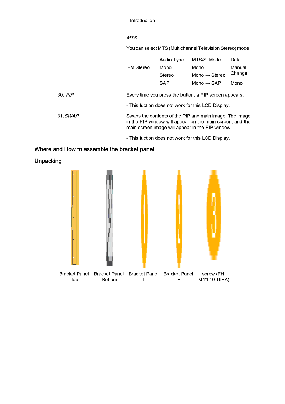 Samsung LH46MVTLBB/XY, LH46MVTLBN/EN, LH46MVQLBB/EN, LH460UTN-UD Where and How to assemble the bracket panel Unpacking, Mts 