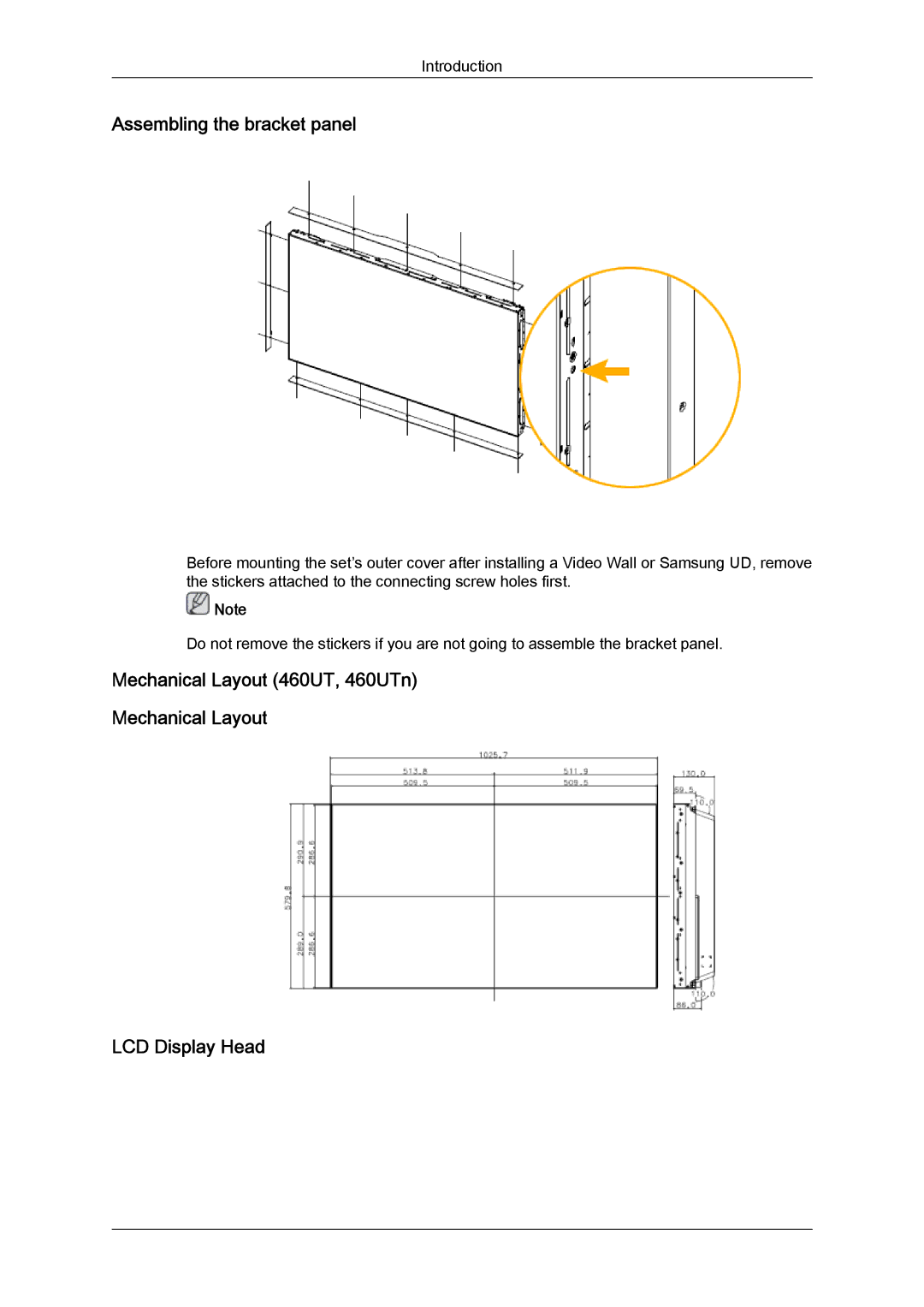 Samsung LH46MVPLBB/XY, LH46MVTLBN/EN manual Assembling the bracket panel, Mechanical Layout 460UT, 460UTn LCD Display Head 