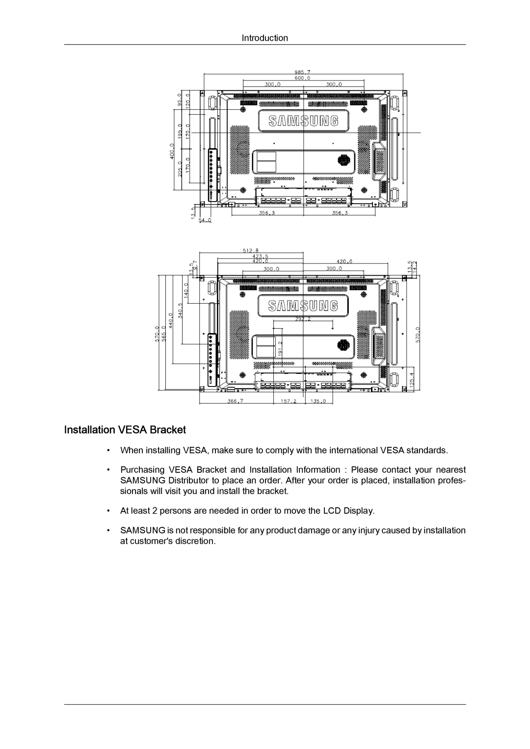 Samsung LH460UTN-UD, LH46MVTLBN/EN, LH46MVQLBB/EN, LH46MVULBB/EN, LH46MVPLBB/EN, LH46MVTLBB/EN manual Installation Vesa Bracket 