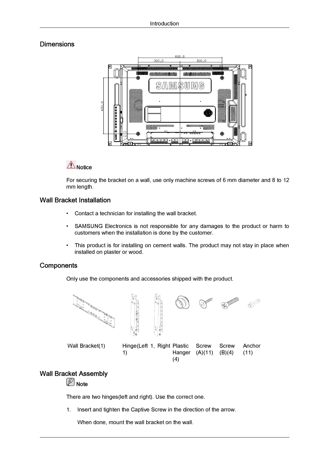 Samsung LH46MVTLBN/EN, LH46MVQLBB/EN, LH460UTN-UD Dimensions, Wall Bracket Installation, Components, Wall Bracket Assembly 