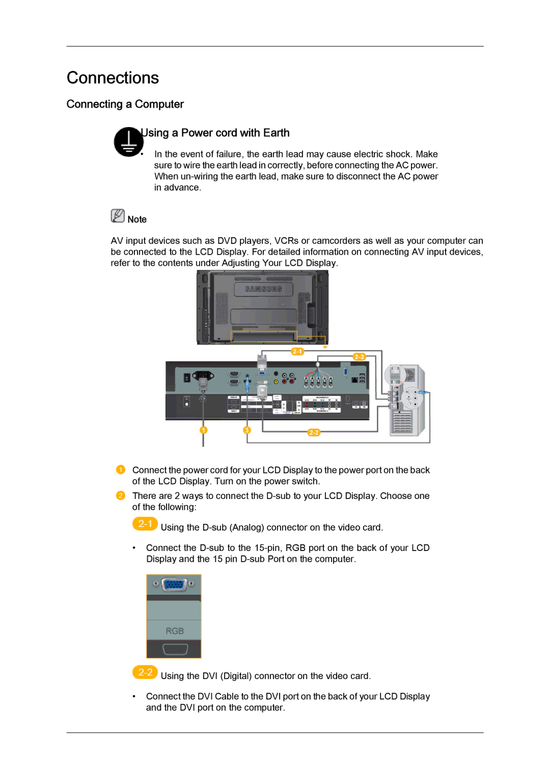 Samsung LH46MVTLBN/XY, LH46MVTLBN/EN, LH46MVQLBB/EN manual Connections, Connecting a Computer Using a Power cord with Earth 