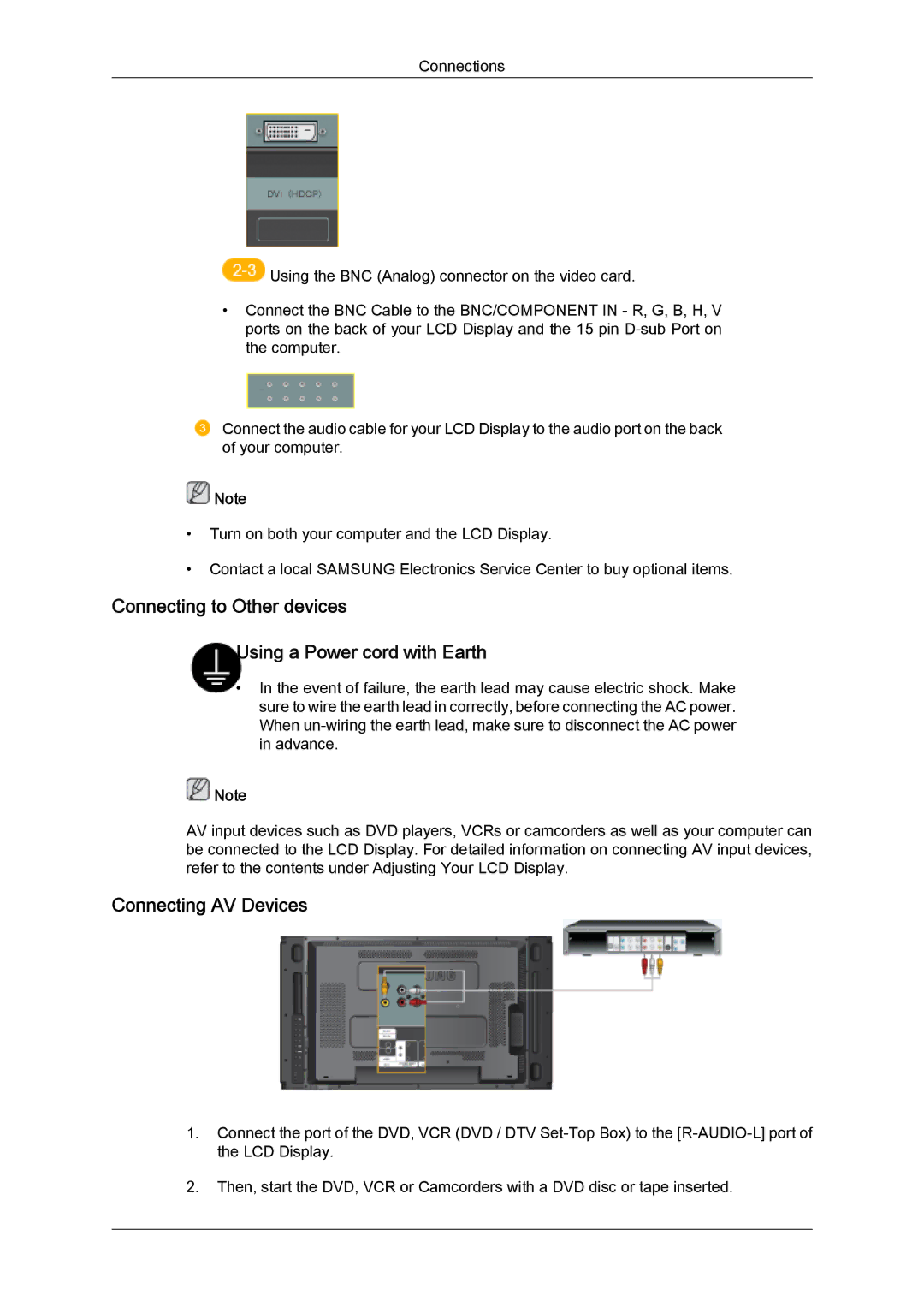 Samsung LH46MVULBB/XY, LH46MVTLBN/EN manual Connecting to Other devices Using a Power cord with Earth, Connecting AV Devices 