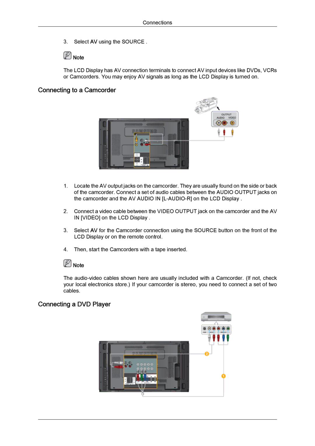 Samsung LH46MVQLBB/XY, LH46MVTLBN/EN, LH46MVQLBB/EN, LH46MVULBB/EN manual Connecting to a Camcorder, Connecting a DVD Player 