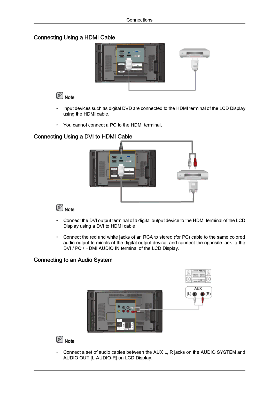 Samsung LH46MVPLBB/XY Connecting Using a Hdmi Cable, Connecting Using a DVI to Hdmi Cable, Connecting to an Audio System 