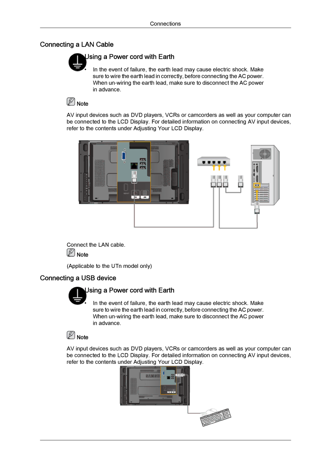 Samsung LH460UTN-UD, LH46MVTLBN/EN, LH46MVQLBB/EN, LH46MVULBB/EN manual Connecting a LAN Cable Using a Power cord with Earth 