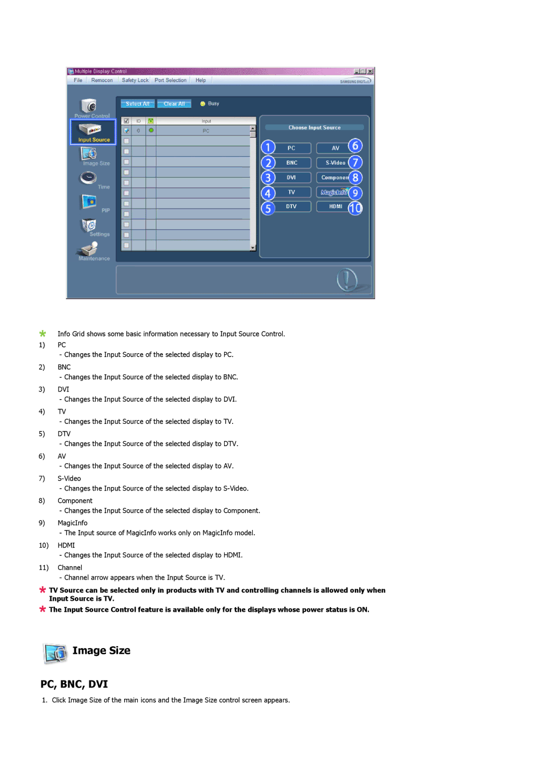 Samsung LH46MVULBB/XY, LH46MVTLBN/EN, LH46MVQLBB/EN, LH46MVULBB/EN, LH46MVPLBB/EN, LH46MVTLBB/EN manual Image Size, Pc, Bnc, Dvi 