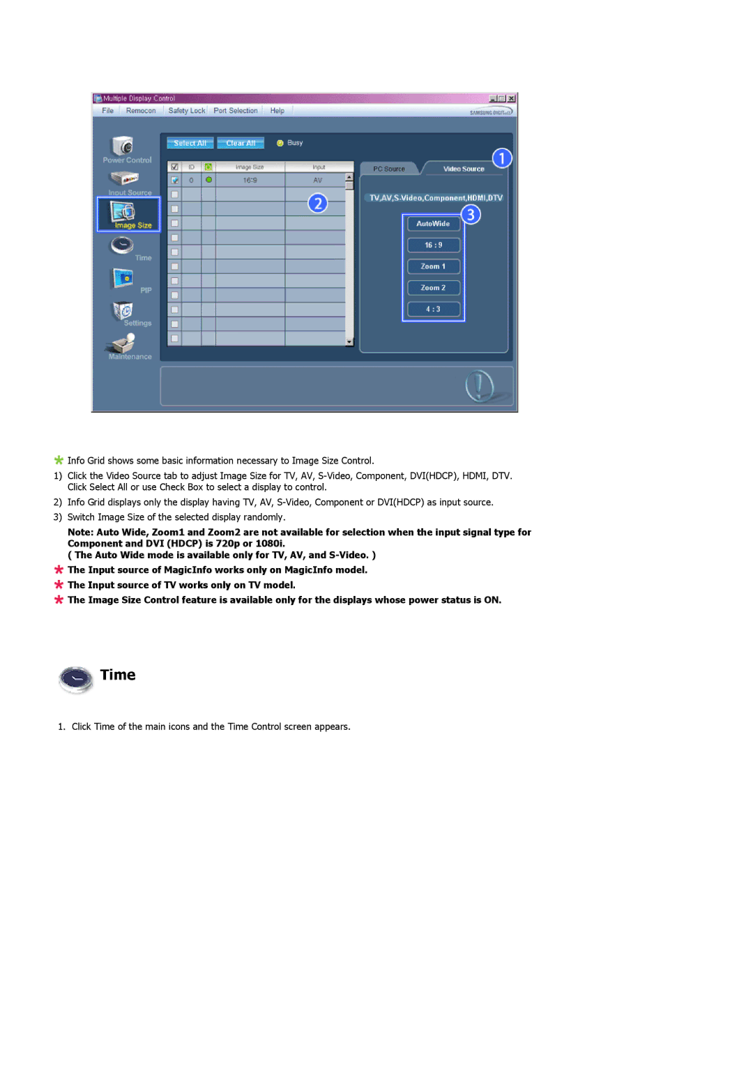 Samsung LH46MVTLBB/XY, LH46MVTLBN/EN, LH46MVQLBB/EN, LH46MVULBB/EN, LH46MVPLBB/EN, LH46MVTLBB/EN, LH46MVTLBN/XY manual Time 