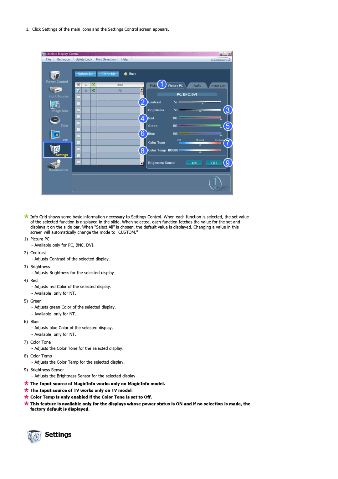 Samsung LH46MVULBB/EN, LH46MVTLBN/EN, LH46MVQLBB/EN, LH46MVPLBB/EN, LH46MVTLBB/EN, LH46MVTLBN/XY, LH46MVULBB/XY manual Settings 