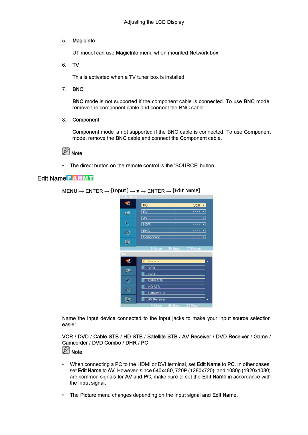 Samsung LH460UTN-UD, LH46MVTLBN/EN, LH46MVQLBB/EN, LH46MVULBB/EN, LH46MVPLBB/EN, LH46MVTLBB/EN manual Edit Name, Bnc, Component 