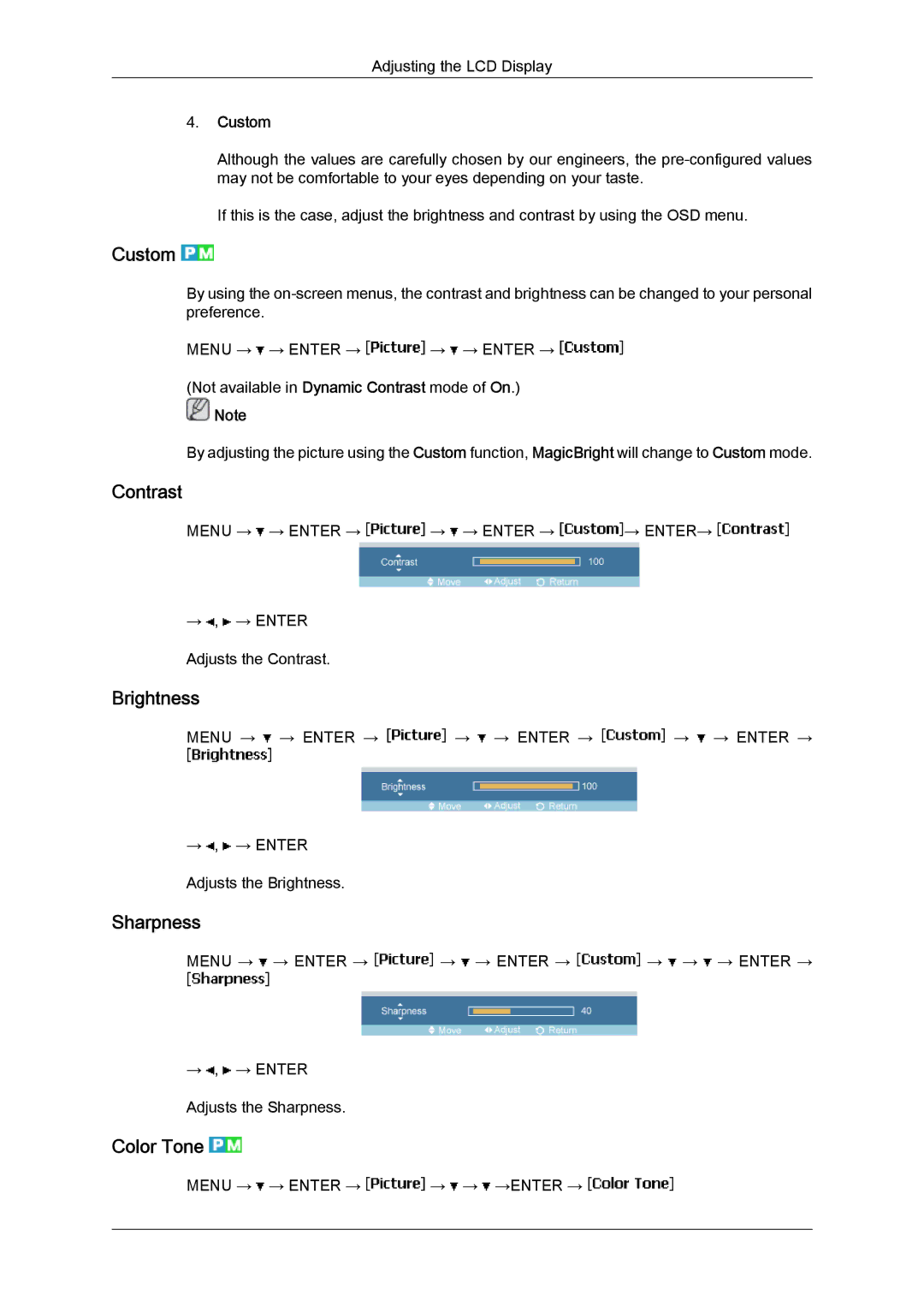 Samsung LH46MVQLBB/EN, LH46MVTLBN/EN, LH46MVULBB/EN, LH46MVPLBB/EN manual Custom, Contrast, Brightness, Sharpness, Color Tone 