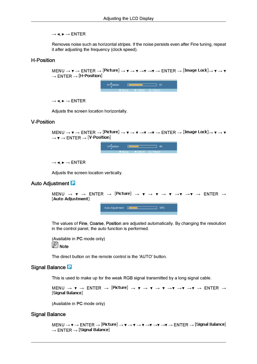 Samsung LH46MVTLBB/EN, LH46MVTLBN/EN, LH46MVQLBB/EN, LH46MVULBB/EN, LH46MVPLBB/EN Position, Auto Adjustment, Signal Balance 